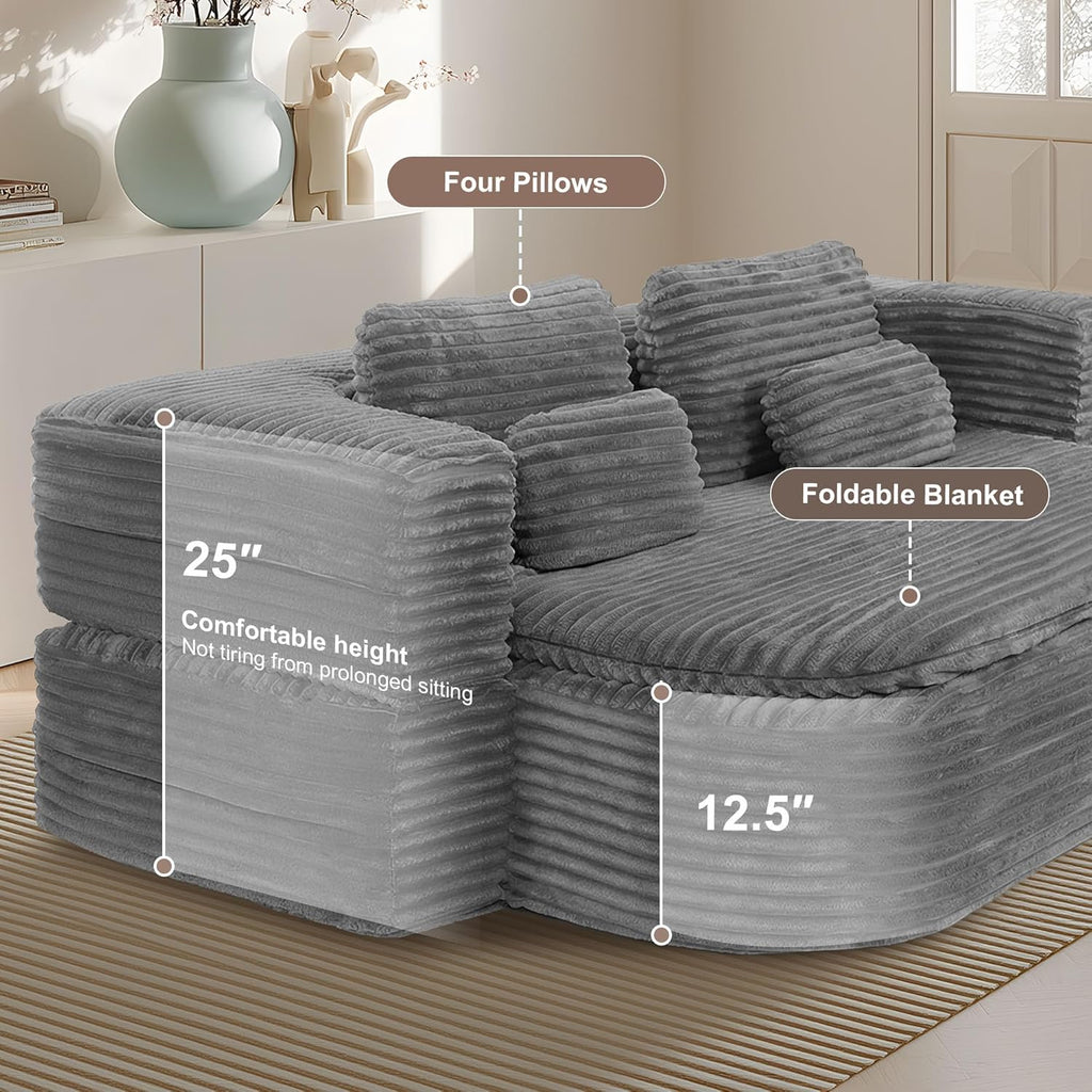 75'' Folding Sleeper Sofa Bed, Convertible Memory Foam Boneless Couch, Foldable Full Size Guest Bed, Modern 2-in-1 Futon Floor Sleeper Sofa with 4 Pillows and Blanket (Corduroy, Gray)