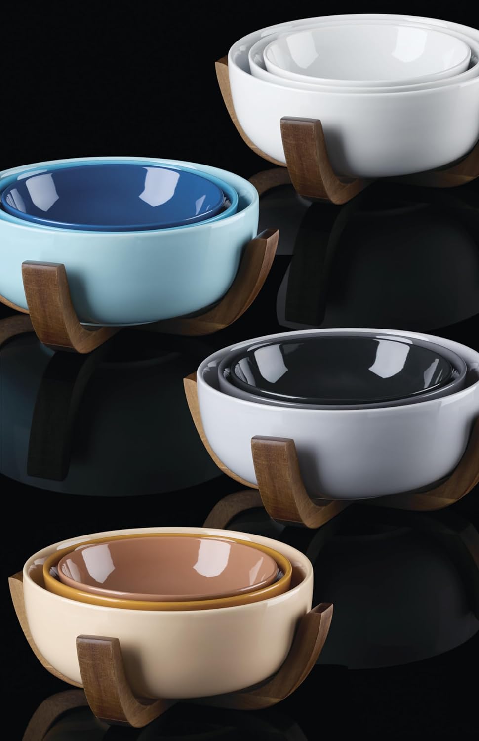 Oneida Serveware, 24 Seven 3-Piece Nesting Bowl Set With Wood Stand, Porcelain Material Wooden Stand, Home And Kitchen, Dishwasher And Microwave Safe, Serving Bowls, Salad Bowl (White, 4 Pieces)