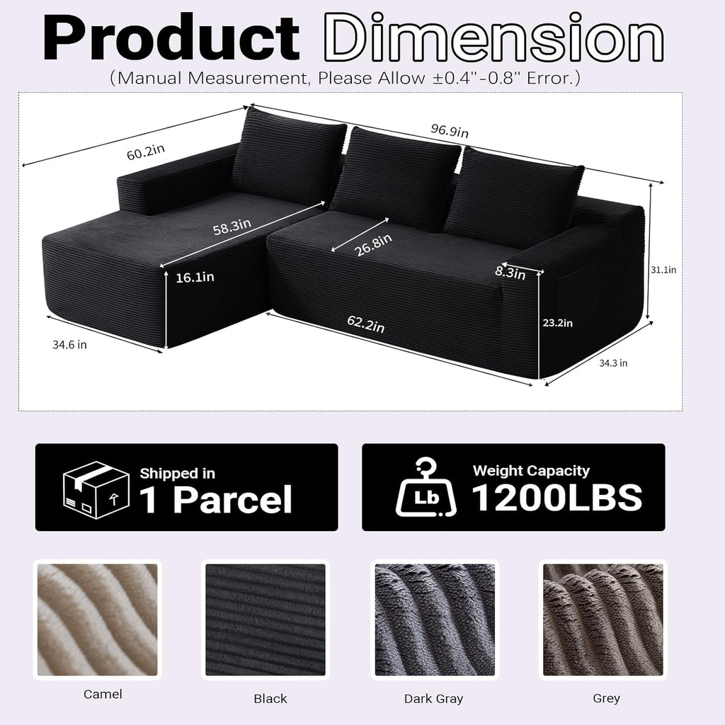 97" Cloud Sectional Couch, Modular Boneless Couch with L-Shape Chaise, Modern Sectional Sofa with Deep Seat Corduroy Corner Foam Cloud Sofas for Living Room,No Assembly Required (Black, Left Chaise)