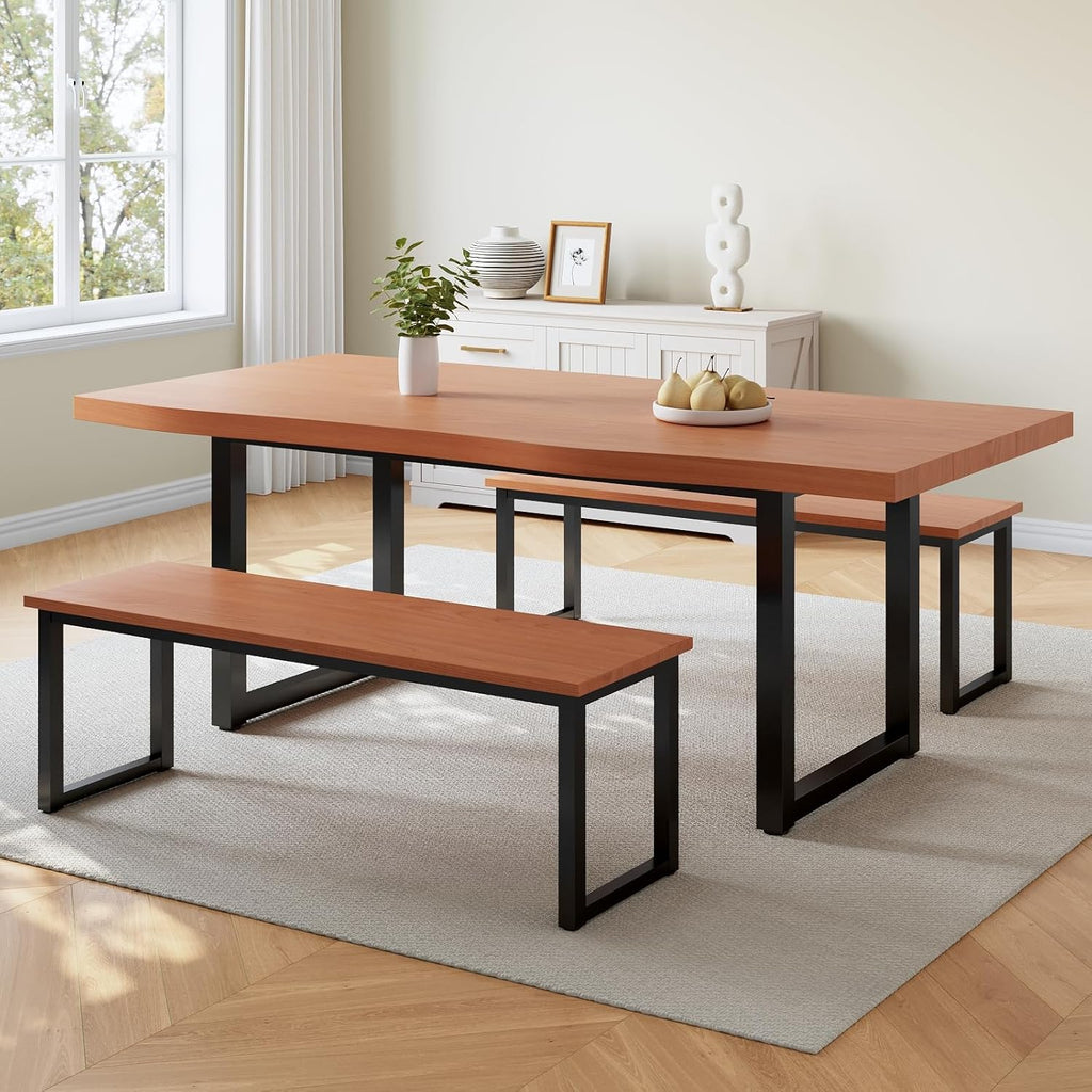 63" Dining Table with 2 Bench, Modern Kitchen Table Set for 4 to 6 Persons, Thickened MDF Wooden Table for Dining Room, Kitchen,Living Room