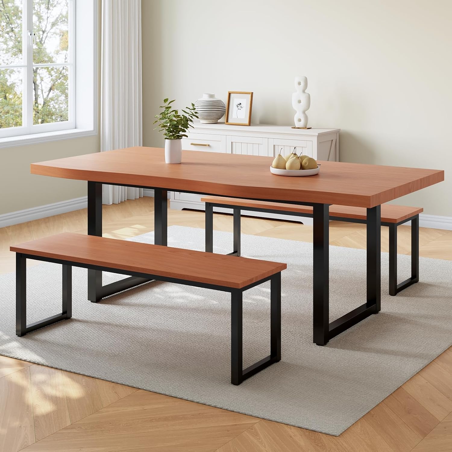 63" Dining Table with 2 Bench, Modern Kitchen Table Set for 4 to 6 Persons, Thickened MDF Wooden Table for Dining Room, Kitchen,Living Room