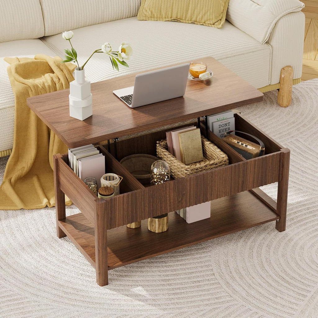 Lift Top Coffee Table with Storage for Living Room, 2-in-1 Modern Center Table & Desk with Hidden Storage Compartment & Open Shelf, Space Saving for Small Space & Apartment (Walnut)