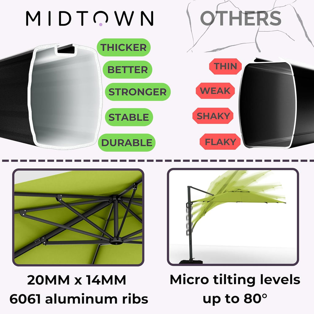 Midtown Umbrellas 10 Ft Outdoor Cantilever Patio Umbrella w/Terylast Pear Green Fabric - Rotate Tilt 360° Offset Patio Umbrella  Deck Patio Umbrella  Backyard Umbrella & Garden Umbrella - Black Frame