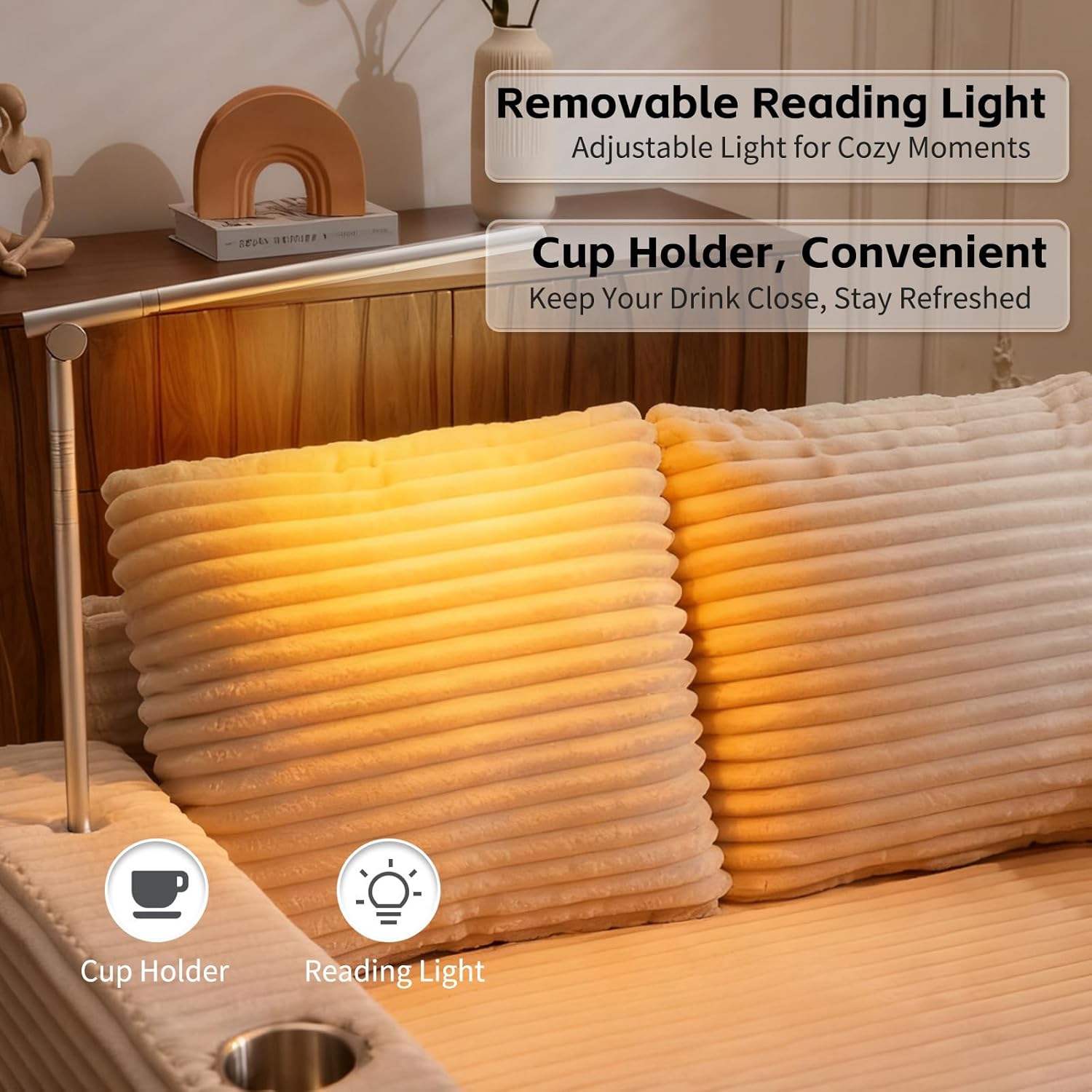 AEDI 60" Chaise Lounge Chair, Sofa Bed with Adjustable Reading Light, USB & Type-C Charging, Wood Tray & Cup Holder (Velvet Corduroy, Beige)