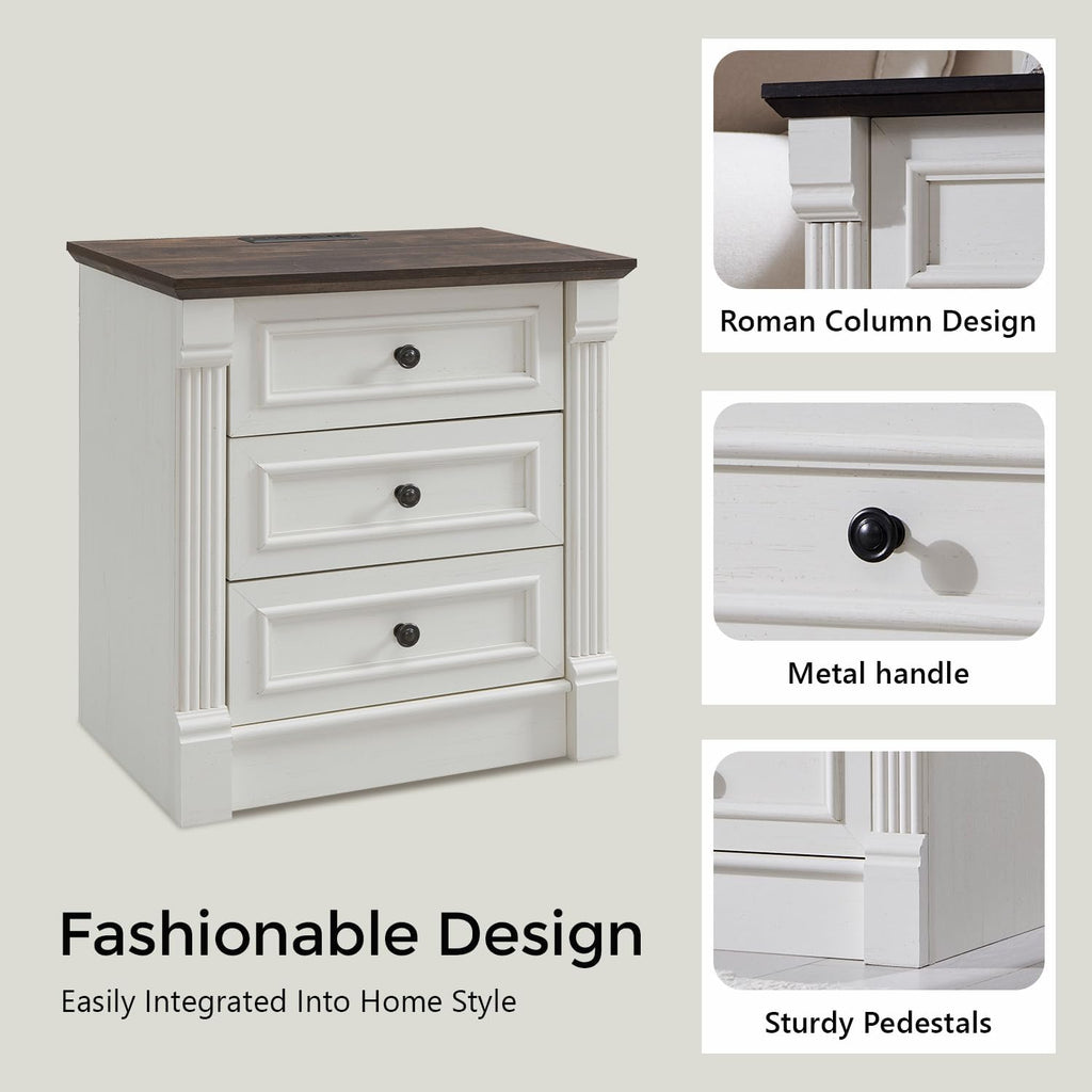 26" Tall Farmhouse Nightstand Set of 2, 3 Drawers End Table w/Charging Station, 23.6" Wide Large Side Table w/Roman Column, Wood Rustic Sofa Table for Bedroom, White