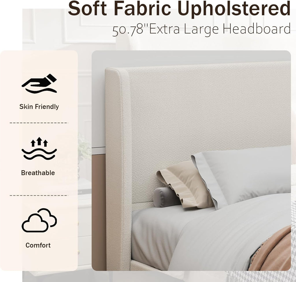 King Size Platform Bed Frame,Upholstered Bed Frame with Wing Side Headboard,Chenille Fabric,Strong Wooden Slat Support, No Box Spring Needed, Easy Assembly, Noise-Free,50.78" High,Light Beige