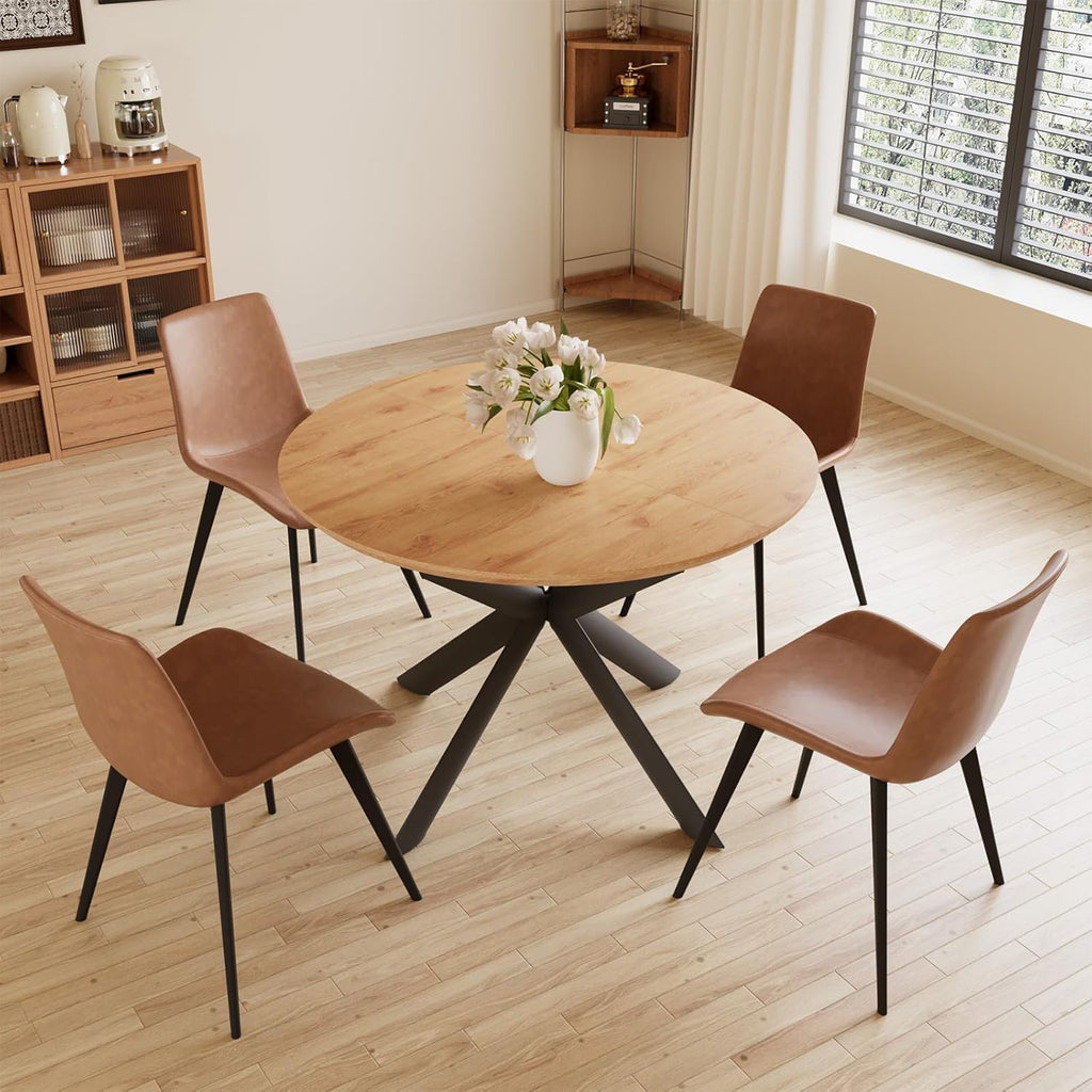43.2"-59.1" Extendable Round Dining Table Set, Mid Century Modern Wooden Round Table, Leisure Oak Coffee Table,w/ 4 PU Leather Chairs