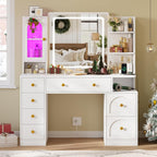 Hasuit White Vanity Desk with Mirror and LED Lights, Large Makeup Vanity Desk with 7 Drawers, Storage Shelves and RGB Glass Cabinet, Dressing Table for Bedroom with Charging Station, Lights Adjustable