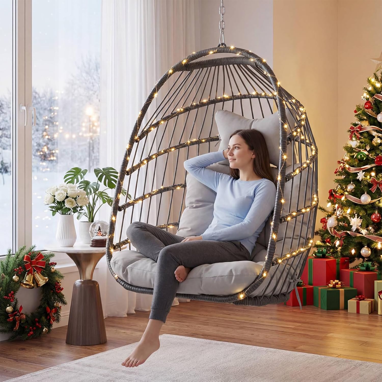 Nicesoul Hanging Egg Chair Outdoor Without Stand, Indoor Swing Egg Basket Ceiling Tree Chairs with Cushion, 350lbs Egg-Shaped Hammock Chair No Stand for Patio, Backyard, Balcony, Bedroom,Porch, Gray