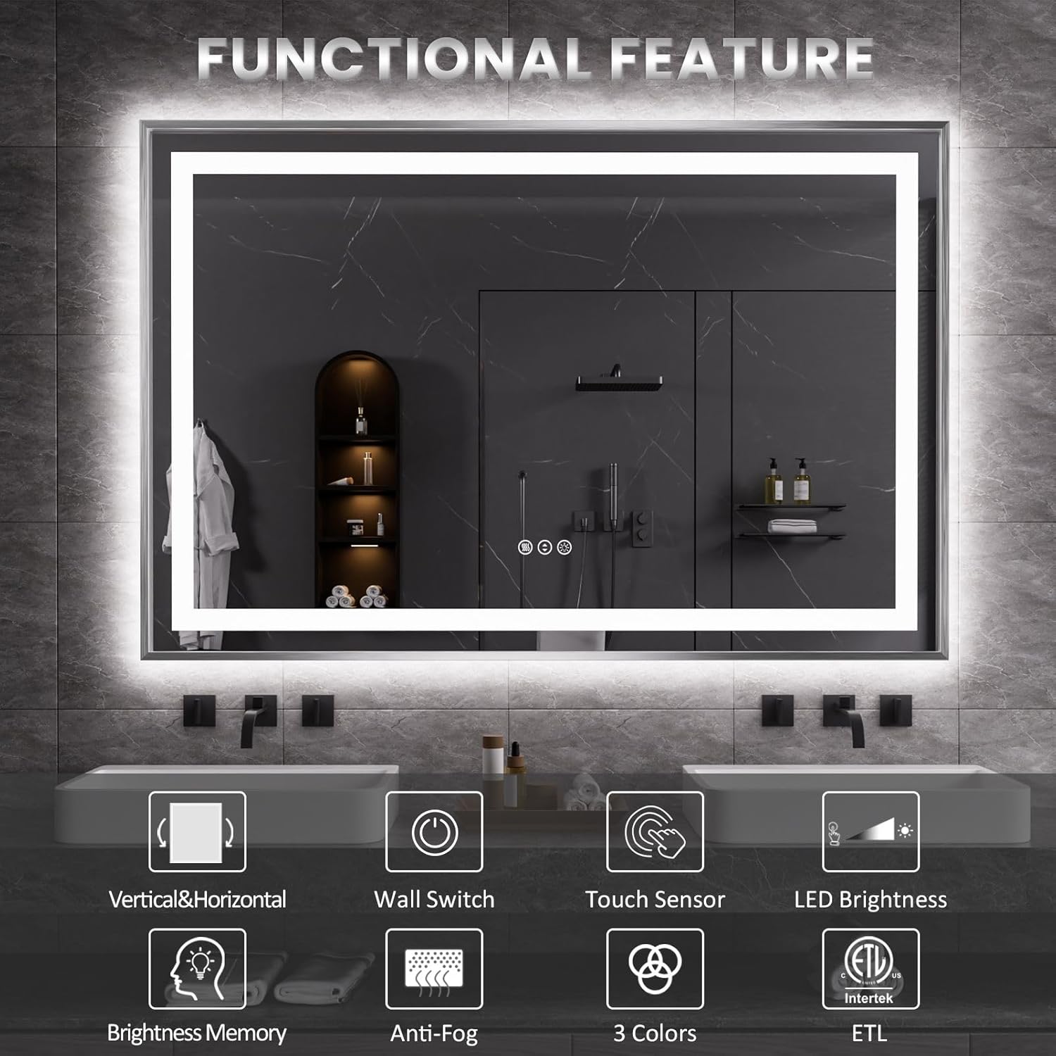 Amorho 60" X40" LED Bathroom Mirror, Brushed Nickel Framed Mirror with Front Light and Backlit, Stepless Dimmable, Anti-Fog, Shatter-Proof, Memory, 3 Colors