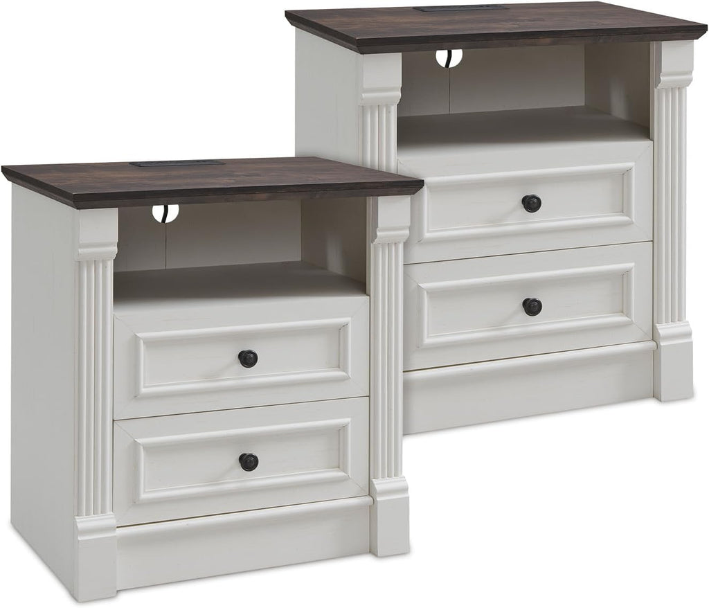 26" Tall Farmhouse Nightstand Set of 2, 2 Drawers End Table w/Charging Station, 23.6" Wide Large Side Table w/Roman Column, Wood Rustic Sofa Table w/Open Shlef, Bedside Table for Bedroom, White