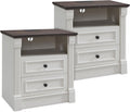 26" Tall Farmhouse Nightstand Set of 2, 2 Drawers End Table w/Charging Station, 23.6" Wide Large Side Table w/Roman Column, Wood Rustic Sofa Table w/Open Shlef, Bedside Table for Bedroom, White