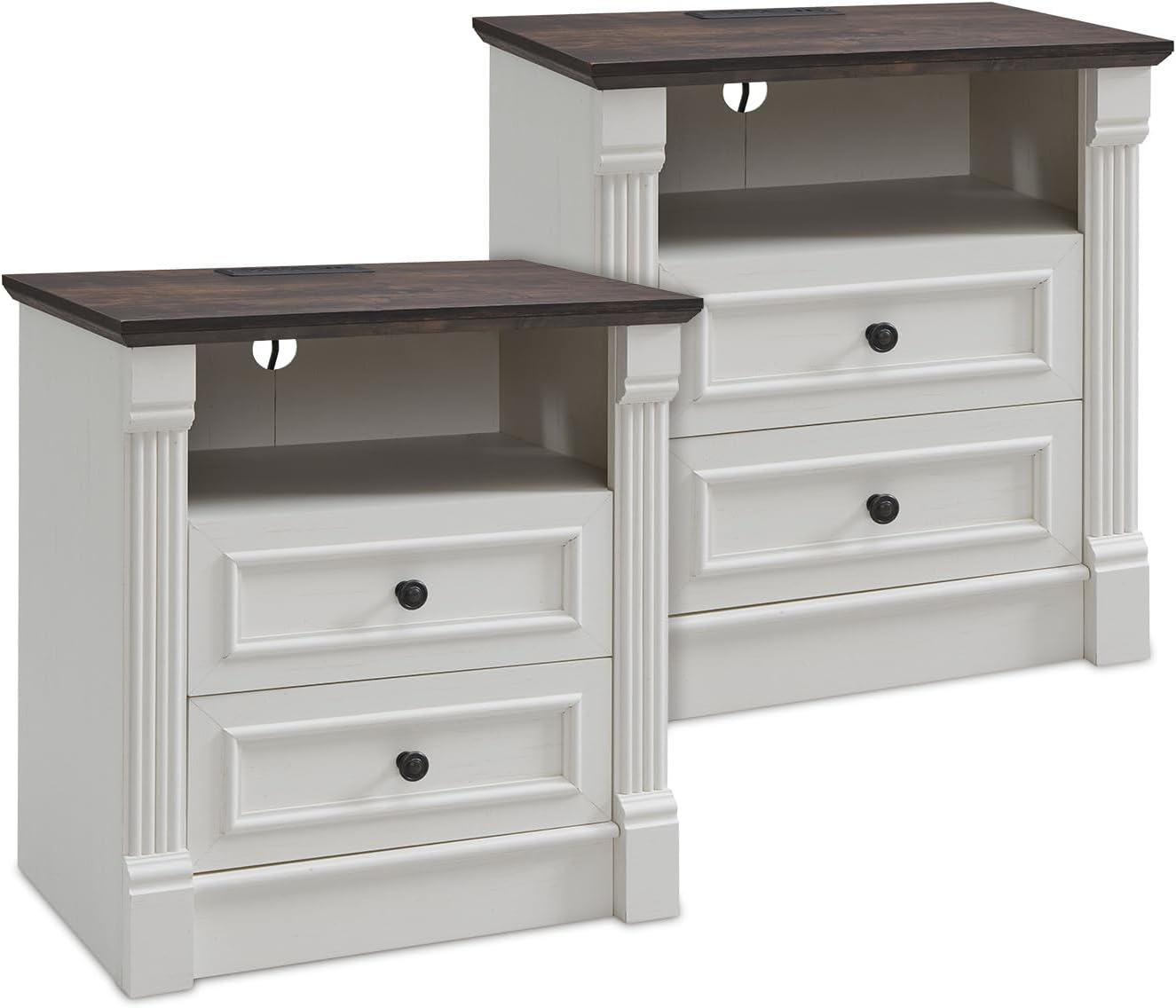 26" Tall Farmhouse Nightstand Set of 2, 2 Drawers End Table w/Charging Station, 23.6" Wide Large Side Table w/Roman Column, Wood Rustic Sofa Table w/Open Shlef, Bedside Table for Bedroom, White