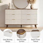 Fluted 6 Drawers Dresser, 47" Wide Wooden Chest of Drawers, Modern Mid Century Storage Closet Long Large TV Stand for Bedroom, Living Room,Hallway, Entryway, Nursery Room, Beige + Walnut