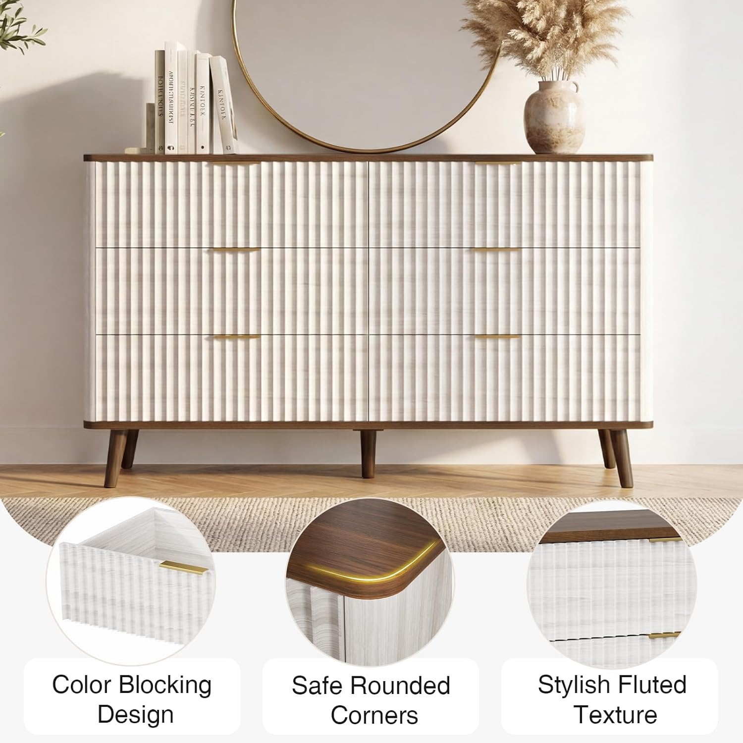 Fluted 6 Drawers Dresser, 47" Wide Wooden Chest of Drawers, Modern Mid Century Storage Closet Long Large TV Stand for Bedroom, Living Room,Hallway, Entryway, Nursery Room, Beige + Walnut
