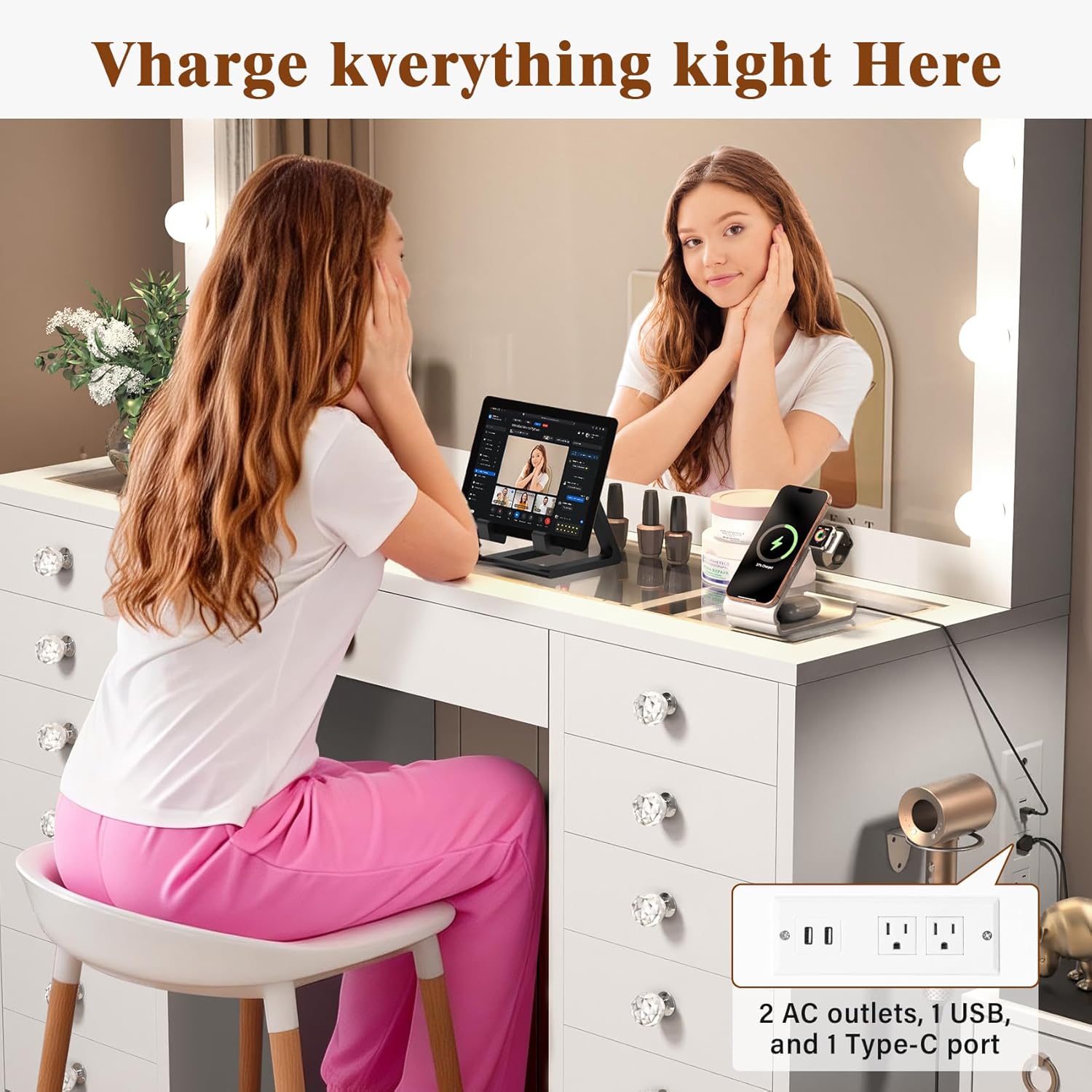 15 Drawers Vanity Desk, Large Makeup Vanity with Power Outlet, Vanity Table with Mirror and Light, 3 Color Lighting Modes, Tempered Glass Top, Dressing Table for Bedroom (White)