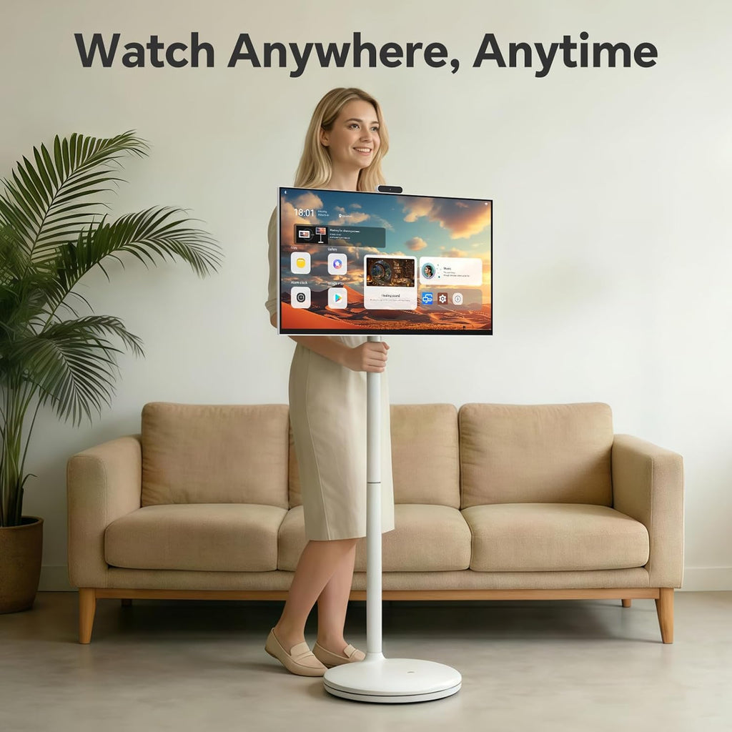 32" 2K Smart Portable TV  Rolling Android Tablet on Wheels  Touchscreen Monitor  Rechargeable Battery  Full Swivel Rotation  20W Audio Snap-on Camera