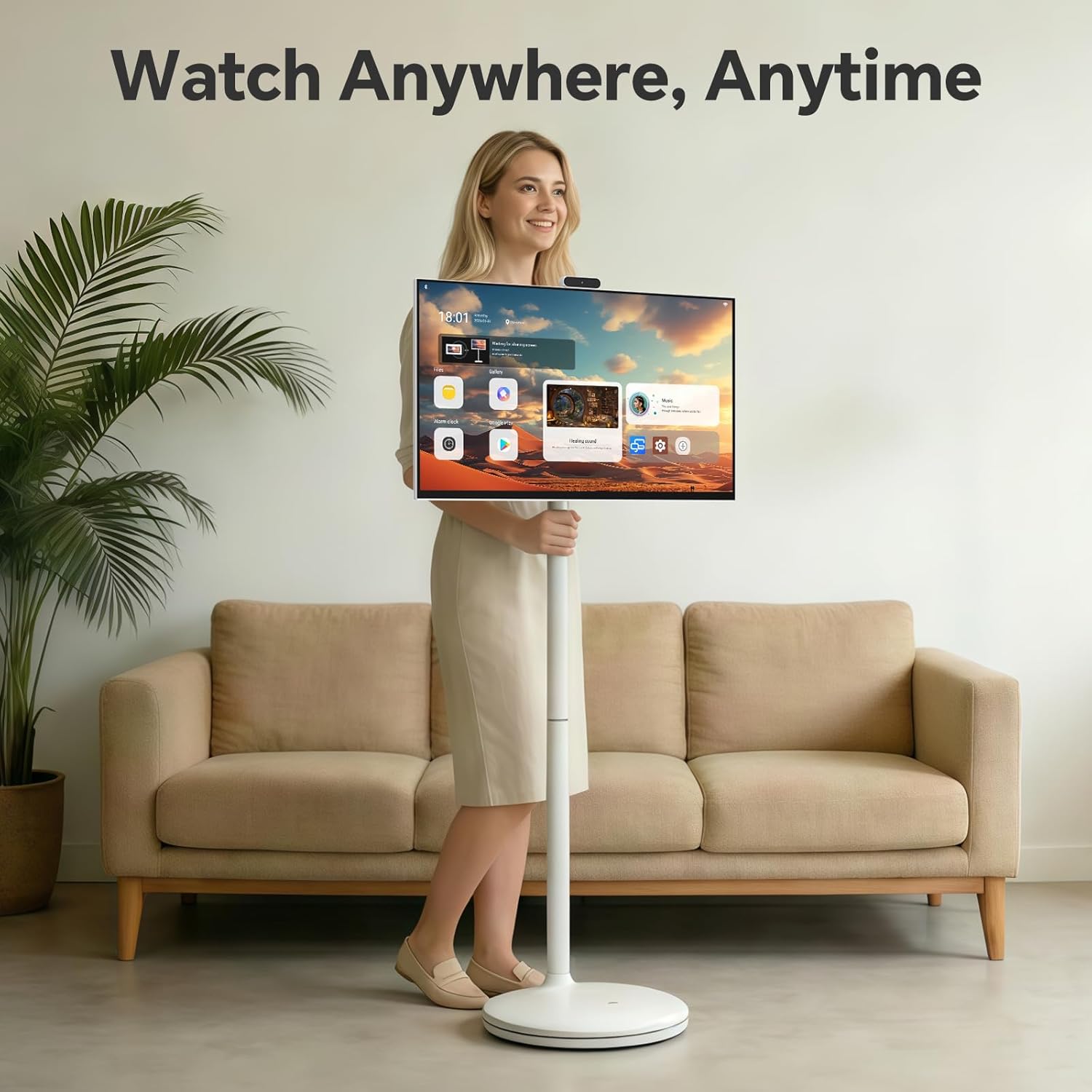 32" 2K Smart Portable TV  Rolling Android Tablet on Wheels  Touchscreen Monitor  Rechargeable Battery  Full Swivel Rotation  20W Audio Snap-on Camera