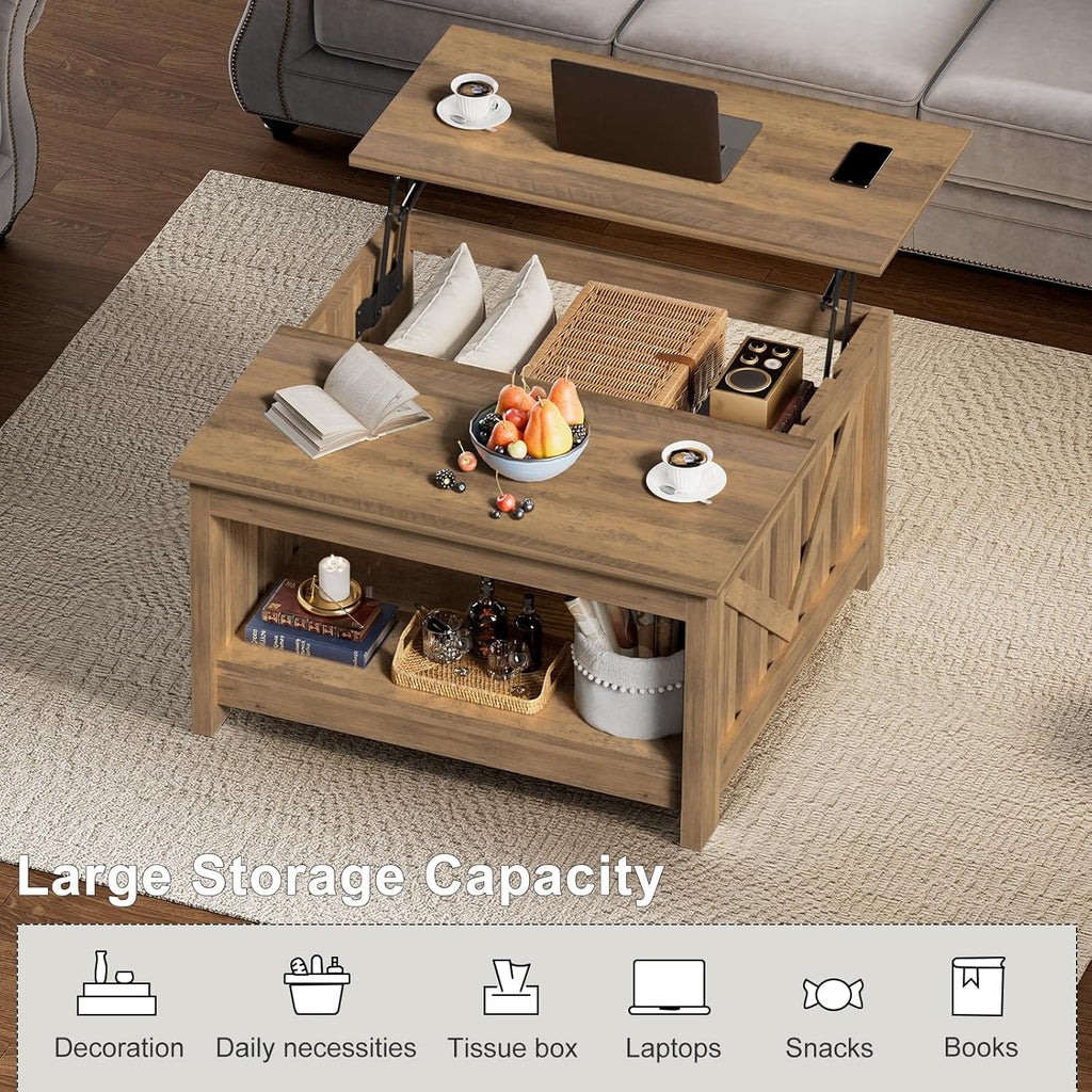 FABATO Lift Top Coffee Table, 31.5" Farmhouse Coffee Tables with Storage, Small Square Cocktail Tables, Wood Central Table for Living Room, Meeting Room, Retro Oak