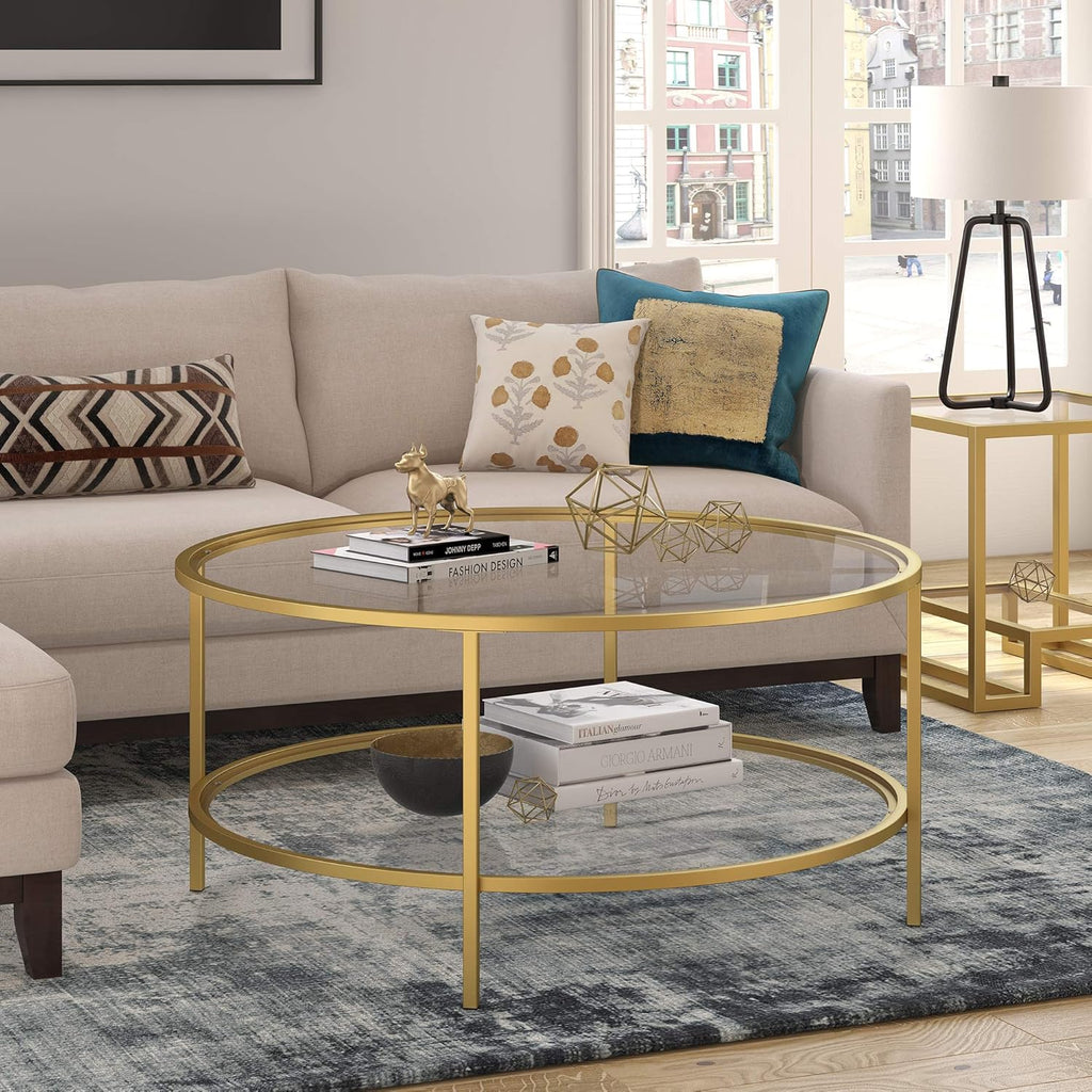 Henn&Hart 36" Wide Round Coffee Table with Glass Top in Brass, Round Coffee Table for living room, studio apartment essentials