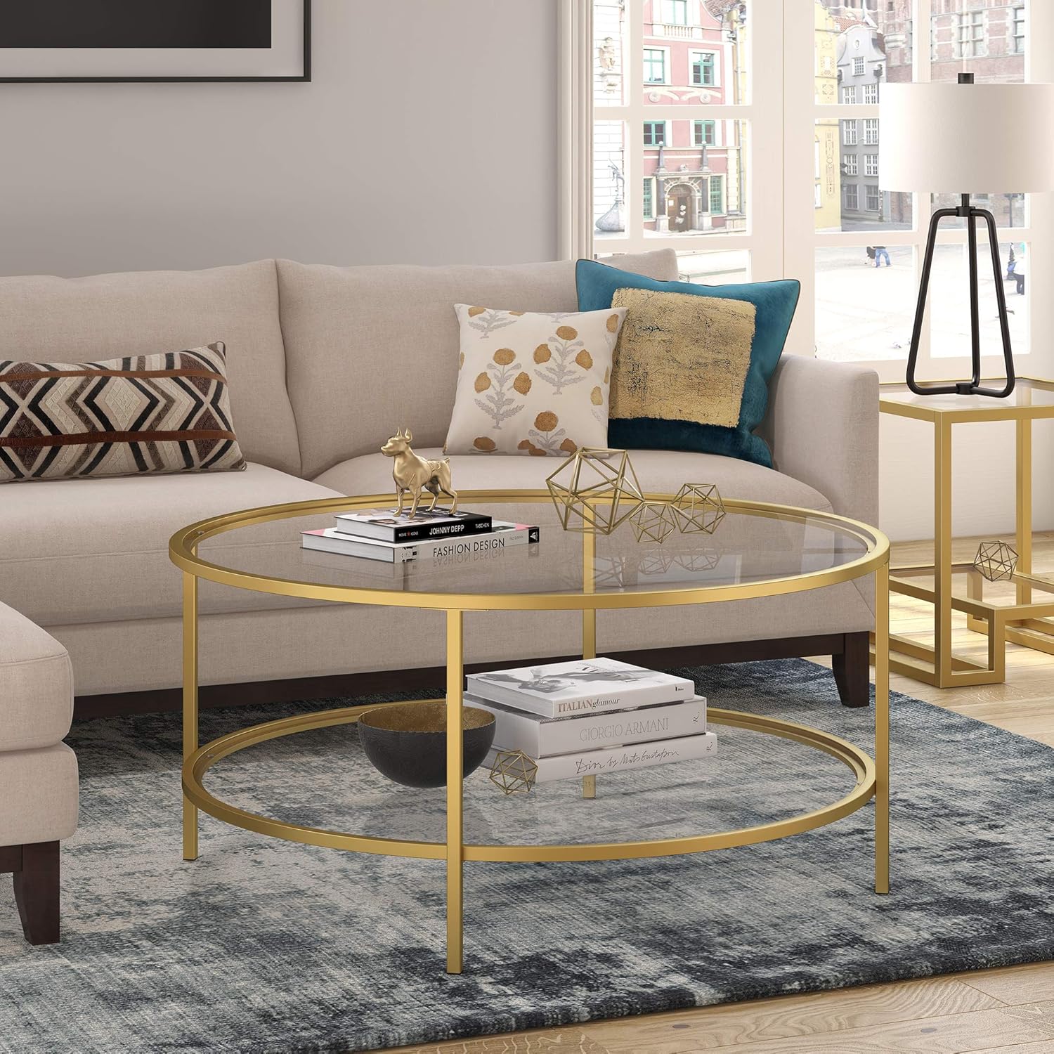Henn&Hart 36" Wide Round Coffee Table with Glass Top in Brass, Round Coffee Table for living room, studio apartment essentials