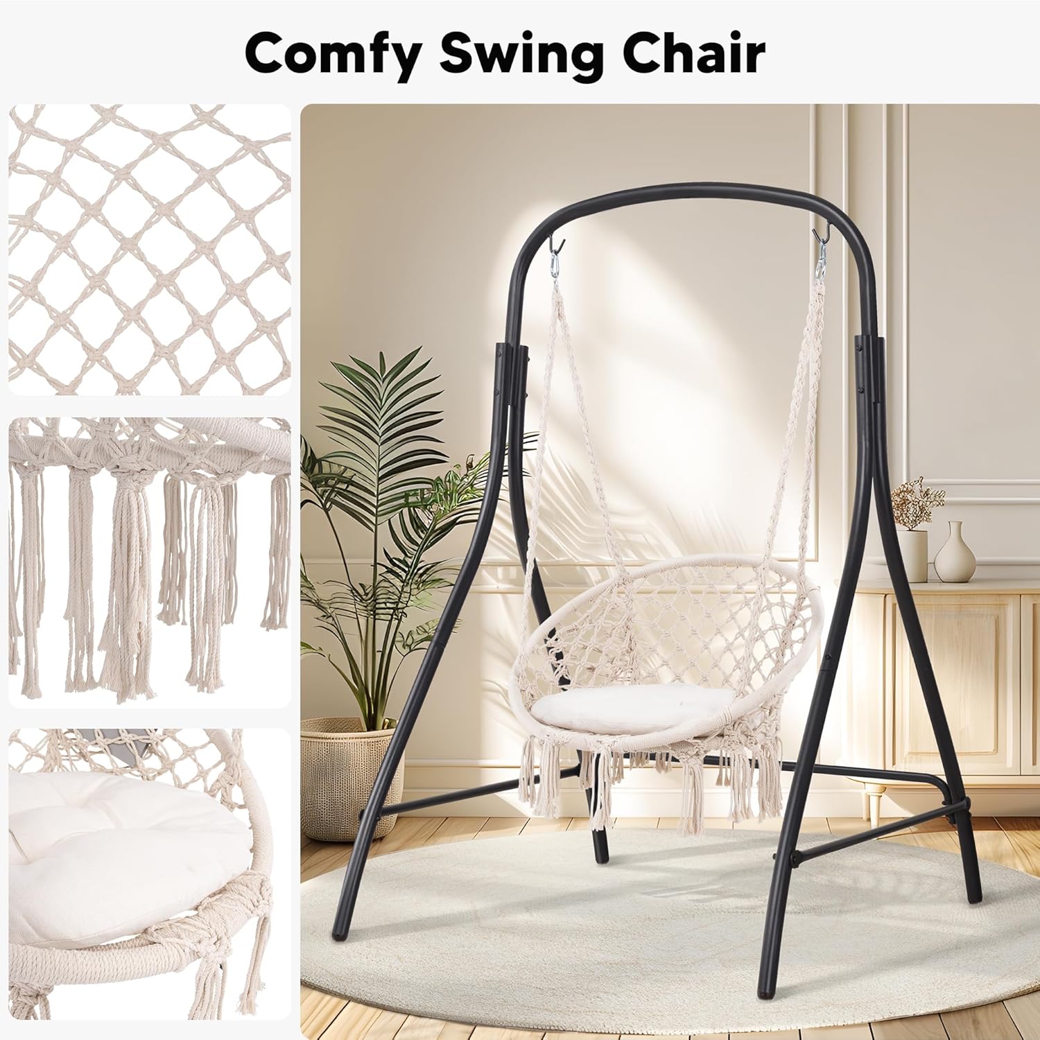 SUNCREAT Indoor Hammock Swing Chair with Stand, Hanging Chair Outdoor with Stand, 400 lbs Capacity, Beige