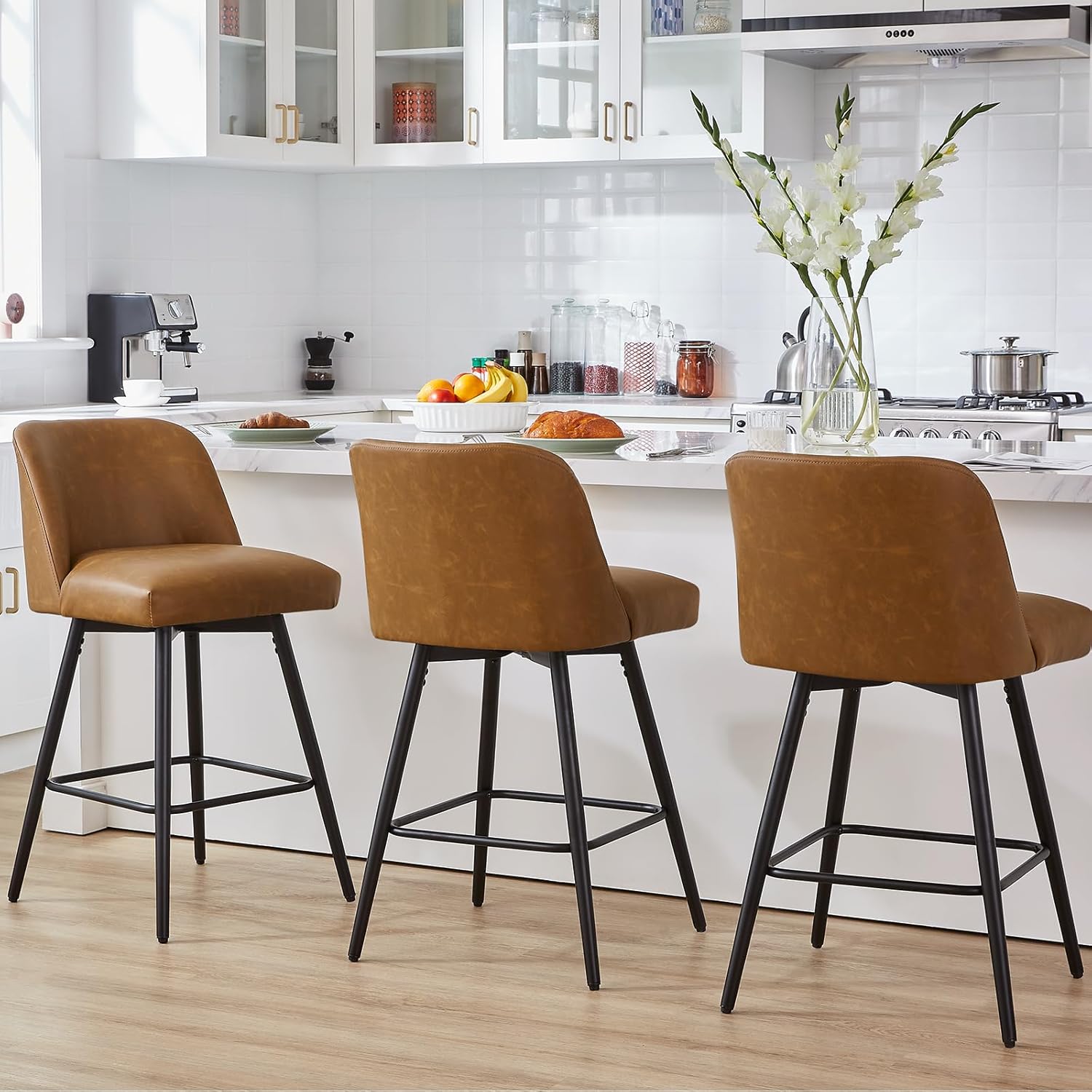 Counter Height Bar Stools Set of 4,360° Swivel Faux Leather Barstools with High Back 26" H Seat Height (Faux Leather-Saddle Brown, 4 Pieces - 26" Counter Height)
