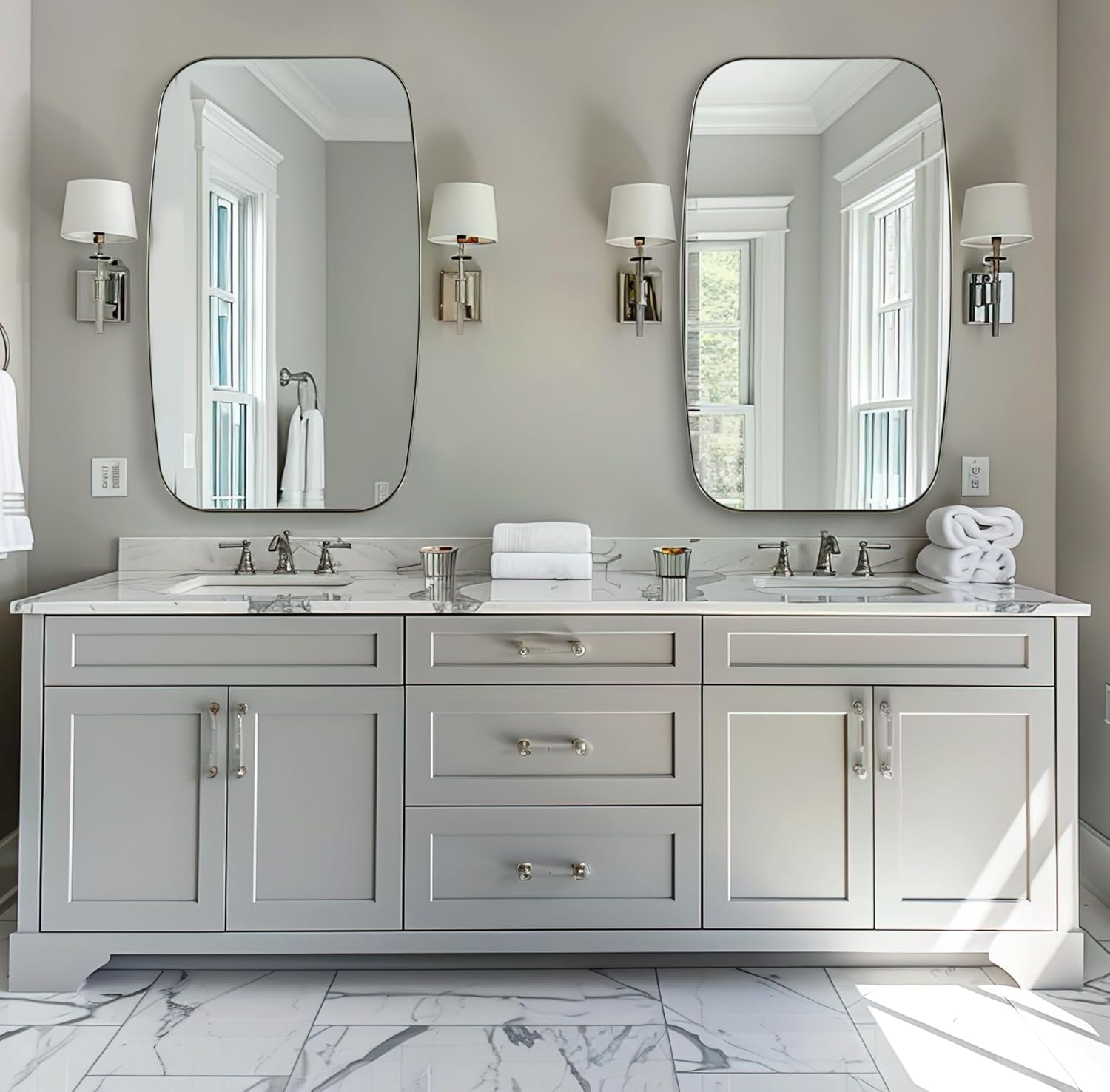 ANDY STAR Brushed Nickel Bathroom Mirror, 32x48 Oblong Mirror with Stainless Steel Metal Frame, Silver Oval Vanity Mirror for Over Sink, Modern Anti Rust Wall Mounted