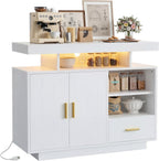IRONCK Buffet Cabinet, Coffee Bar Cabinet with Power Outlet and LED Light, Sideboard with Drawer, Storage Cabinet with Doors and Shelves for Kitchen, White