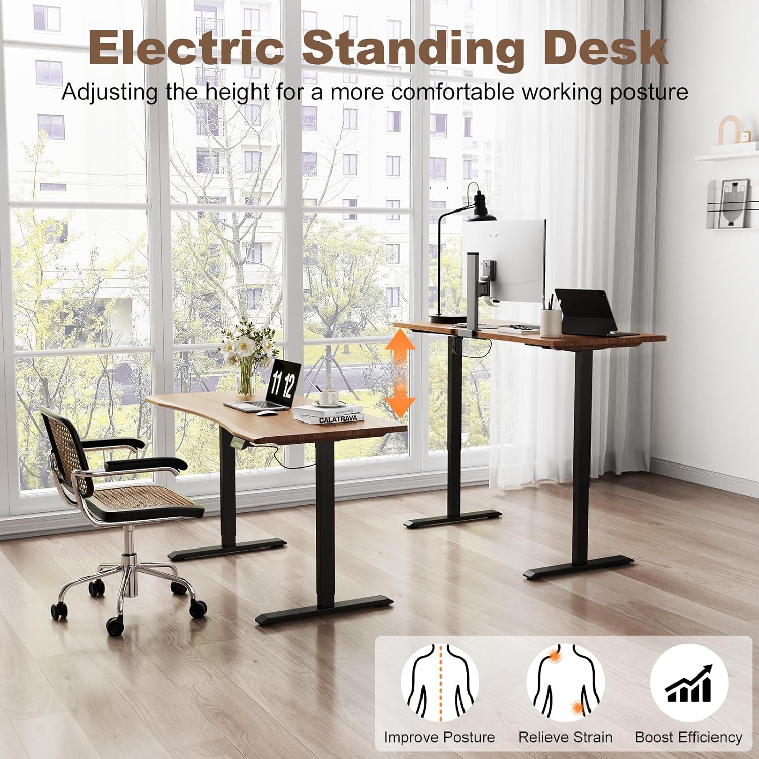 Solid Wood Electric Standing Desk 47"x23.6"Home Office Desk,Adjustable Workbench with 3 Stages Dual Motor, Computer Workstation with T-Shaped Metal Bracket,Walnut Standing Table for Gaming Room(1 Box)