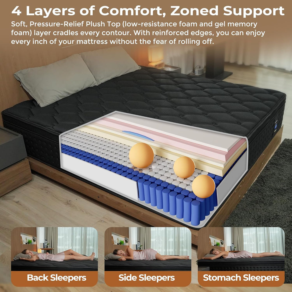 King Size Mattress, 12 Inch Hybrid Mattress in a Box, Memory Foam and Pocket Spring for Motion Isolation and Pressure Relief, Comfortable Medium Plush