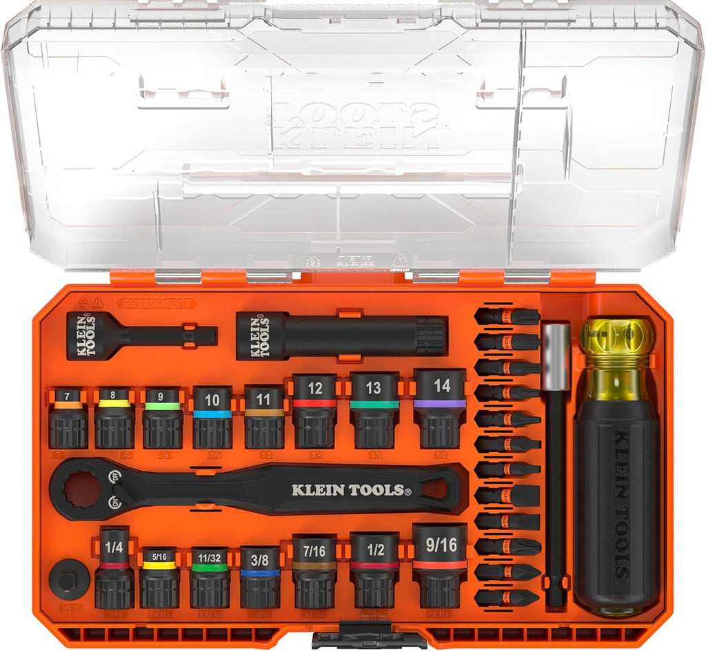 Klein Tools 65302KNECT Impact Socket Set, KNECT (S) 33-Piece SAE and Metric Pass-Through Socket Tool Set, Impact Driver Adapter, MODbox Tool Organization