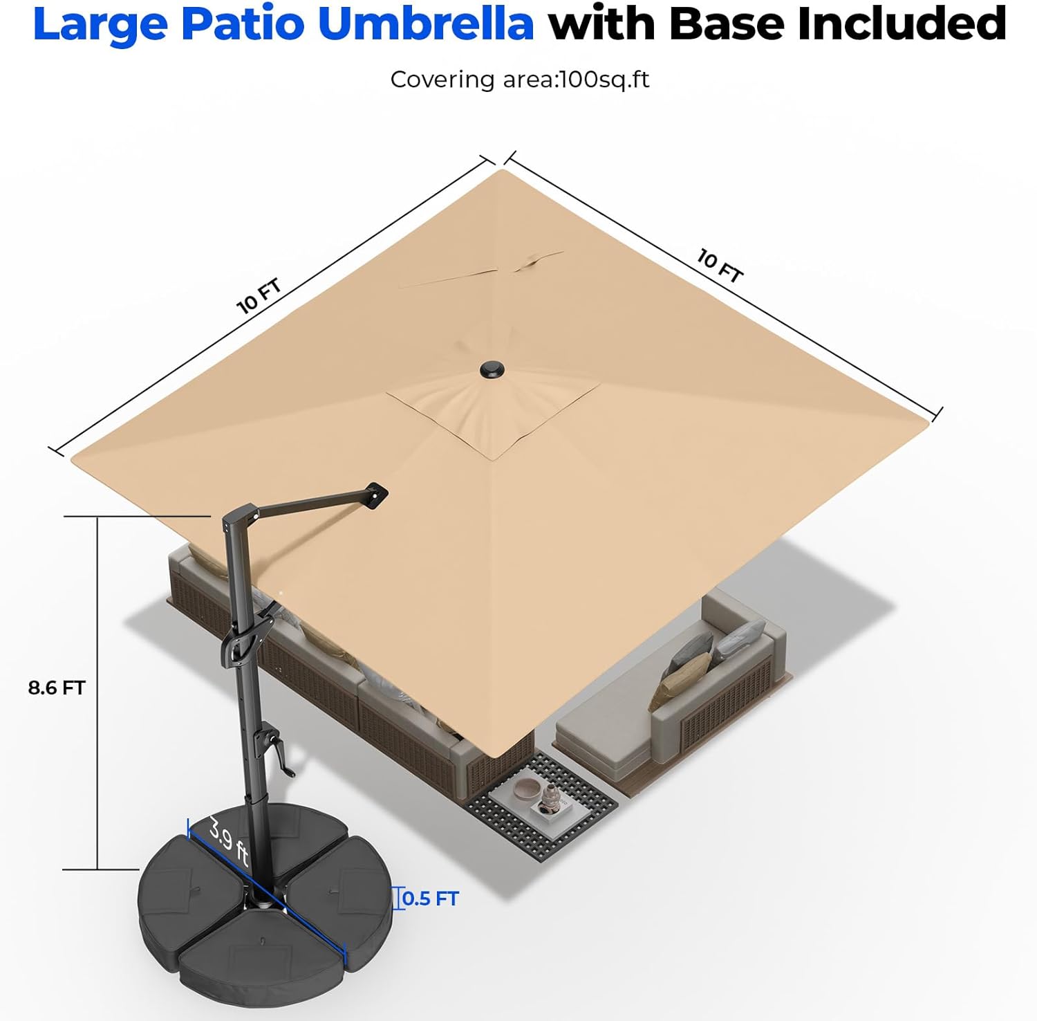 HOMSHADE 10x10 FT Cantilever Patio Umbrella Outdoor with Base- Large Offset Heavy-Duty Aluminum Umbrella with 360° Rotation, 6 Tilts, Windproof, 3-Year Fade Resistance for Pool Deck, Square, Beige