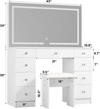 SMOOL Vanity with Mirror and Lights - Vanity Desk with Power Outlet and 9 Drawers, 3 Color Lighting Modes, Adjustable Brightness, Makeup Vanity with Soft Cushioned Stool for Bedroom, White 43Inches