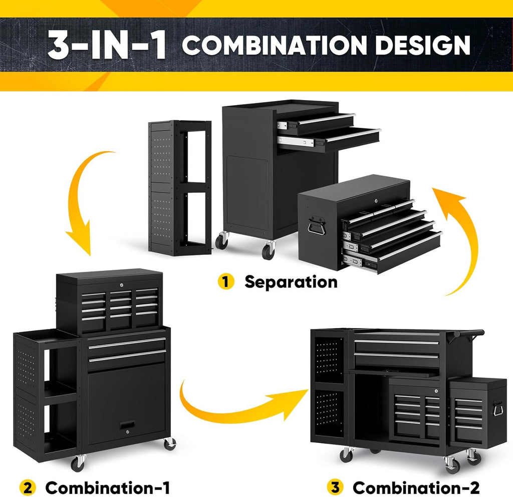 8-Drawers Rolling Tool Chest with Wheels, 3-in-1 Exclusive Tool Box Combo with Removable 4-Tire Utility Cart, 30% Extra Storage Rolling Tool Cabinet for Garage Workshop, 35”W x 13”D x 43”H-2026