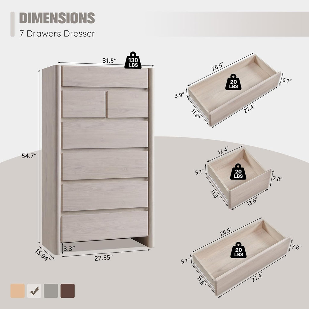 Modern 7 Drawers Dresser for Bedroom, 54.7" Tall Large Dresser & Chests of Drawers w/Rounded Corner, Wood Handleless Organizer Dresser w/Natural Texture for Bedroom, Living Room-Cream
