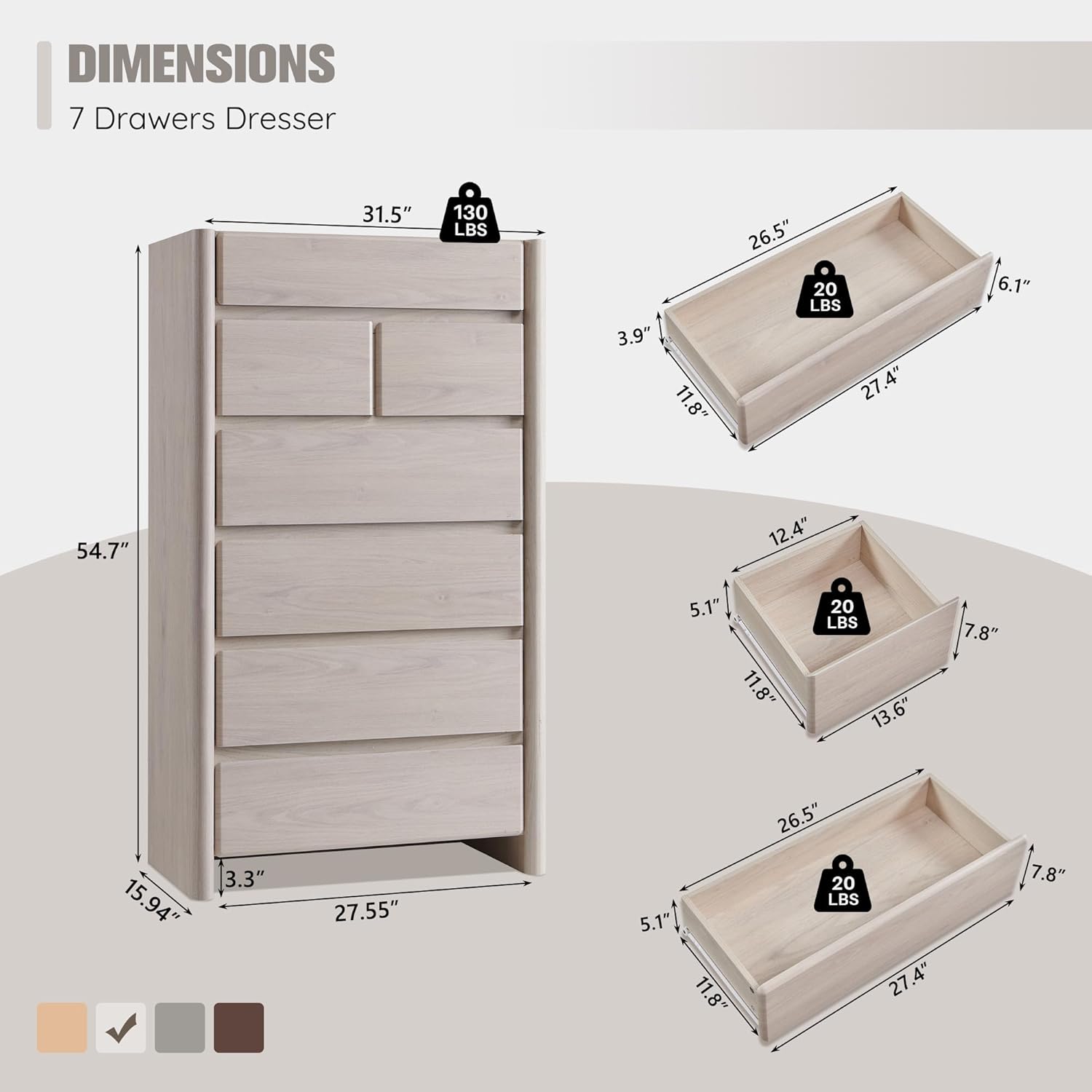 Modern 7 Drawers Dresser for Bedroom, 54.7" Tall Large Dresser & Chests of Drawers w/Rounded Corner, Wood Handleless Organizer Dresser w/Natural Texture for Bedroom, Living Room-Cream