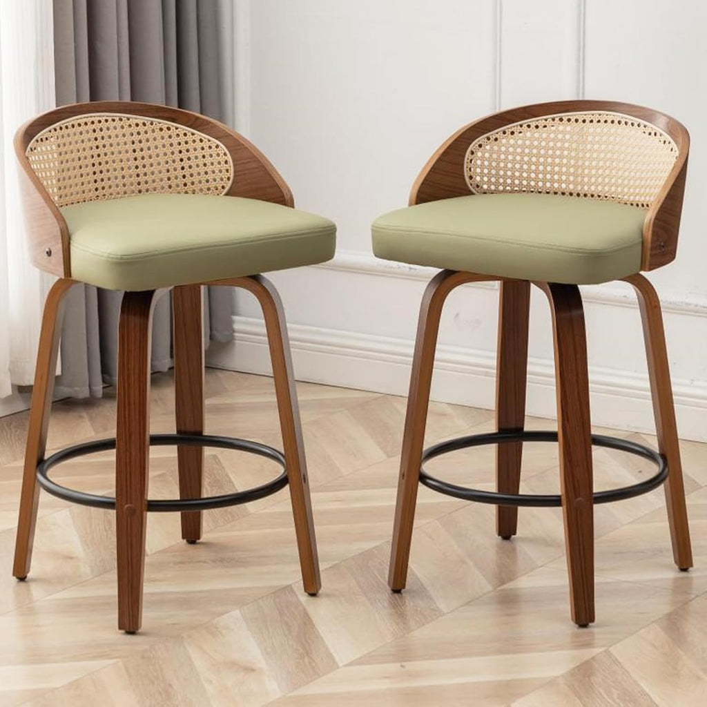 26" Swivel Rattan Bar Stools Set of 2,Mid-Century Modern Green Faux Leather Upholstered Counter Height Stools,Kitchen Island Barstools with Rattan Low Backrest,Walnut Wood Finish Bar Chairs