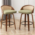 26" Swivel Rattan Bar Stools Set of 2,Mid-Century Modern Green Faux Leather Upholstered Counter Height Stools,Kitchen Island Barstools with Rattan Low Backrest,Walnut Wood Finish Bar Chairs
