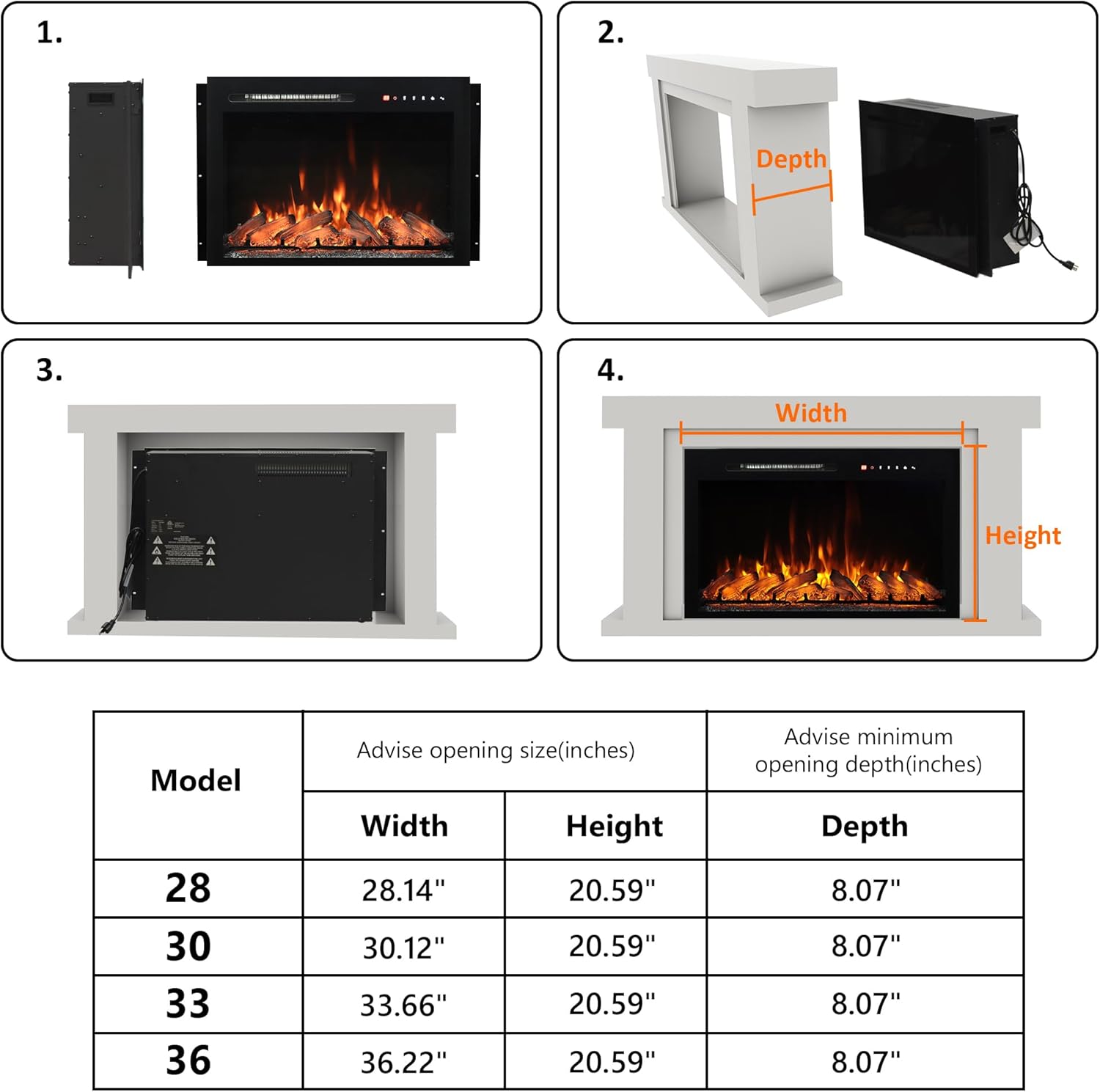 28 Inches Electric Fireplace Insert with Trim Kit, Wall Mounted & Recessed Electric Fireplace Inserts with 8 Flame Colors, Remote Control, 6 Levels Brightness, 9H Timer, Black, 1500W/750W