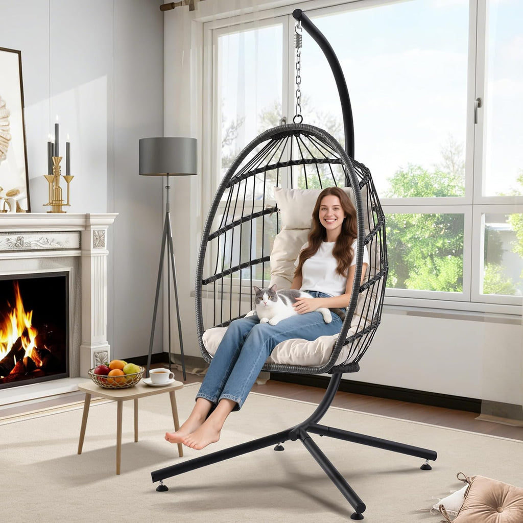 Hanging Egg Chair with Stand, Foldable Wicker Porch Swing Chair Outdoor Indoor, Heavy Duty Rattan Hammock Chairs with Cushion Headrest, Bedroom Balcony Patio Lounge Furniture, 350LBS (Beige)
