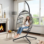 Hanging Egg Chair with Stand, Foldable Wicker Porch Swing Chair Outdoor Indoor, Heavy Duty Rattan Hammock Chairs with Cushion Headrest, Bedroom Balcony Patio Lounge Furniture, 350LBS (Beige)