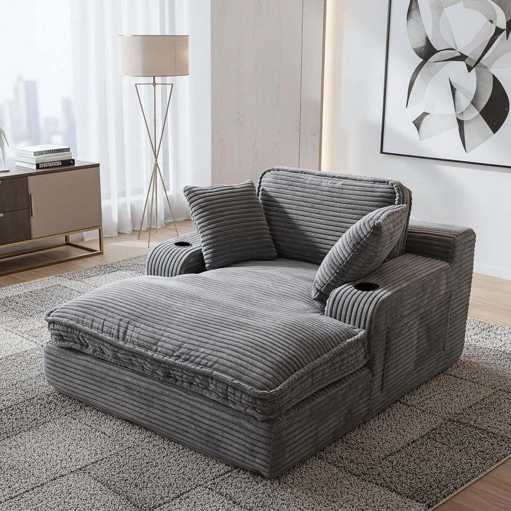 67" Oversized Chaise Lounge Chair Indoor, Soft Boneless Cloud Couch with 3 Pillows, 4 Side Pockets and 2 Cup Holders, Comfy Corduroy Sleeper Couch for Living Room Bedroom