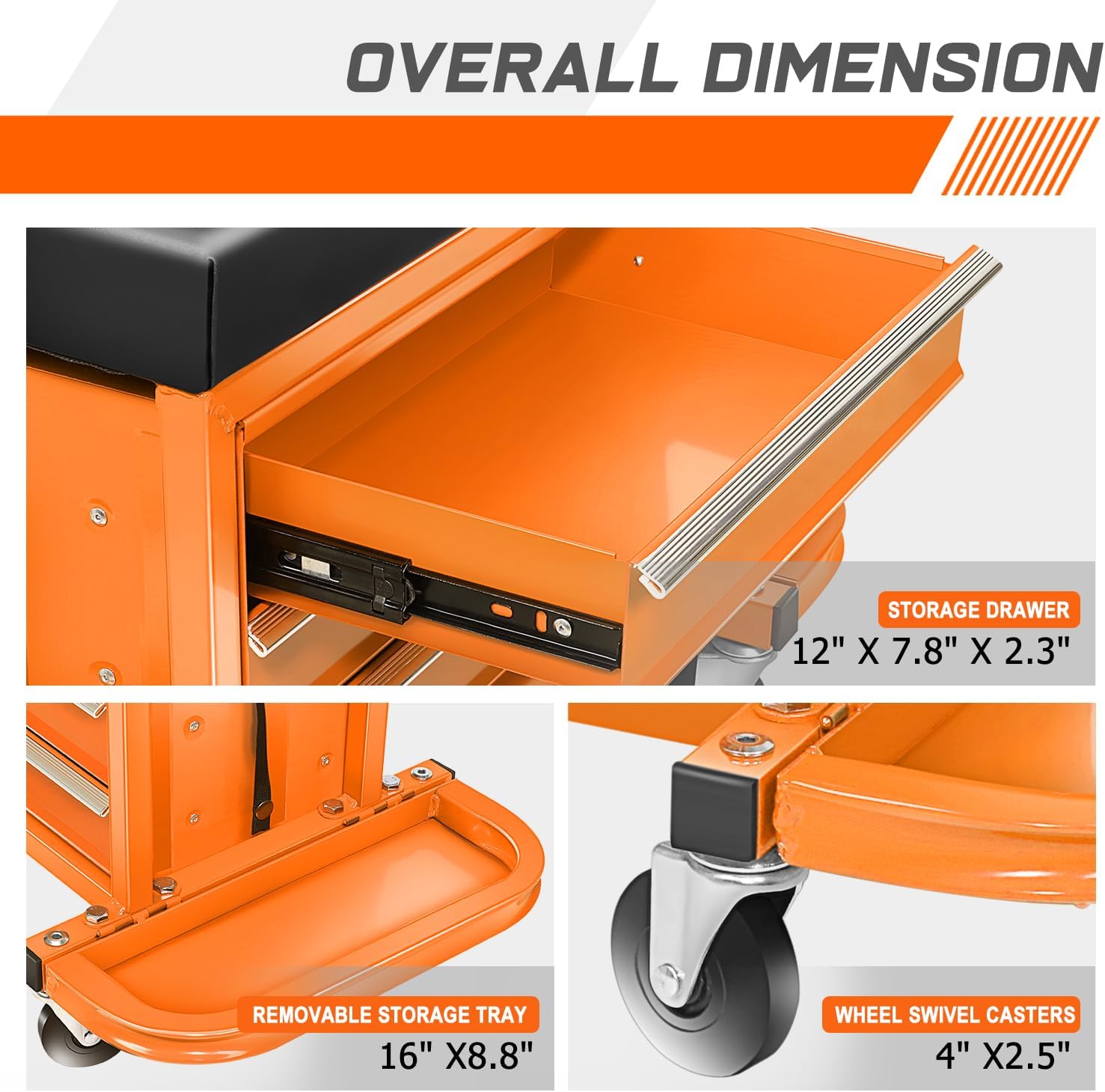 PM PERFORMOTOR 3-Drawer Tool Chest Rolling Mechanic Seat with Tool Trays,350lbs Max Weight Capacity, Orange,PM-TOL-RST1-OG