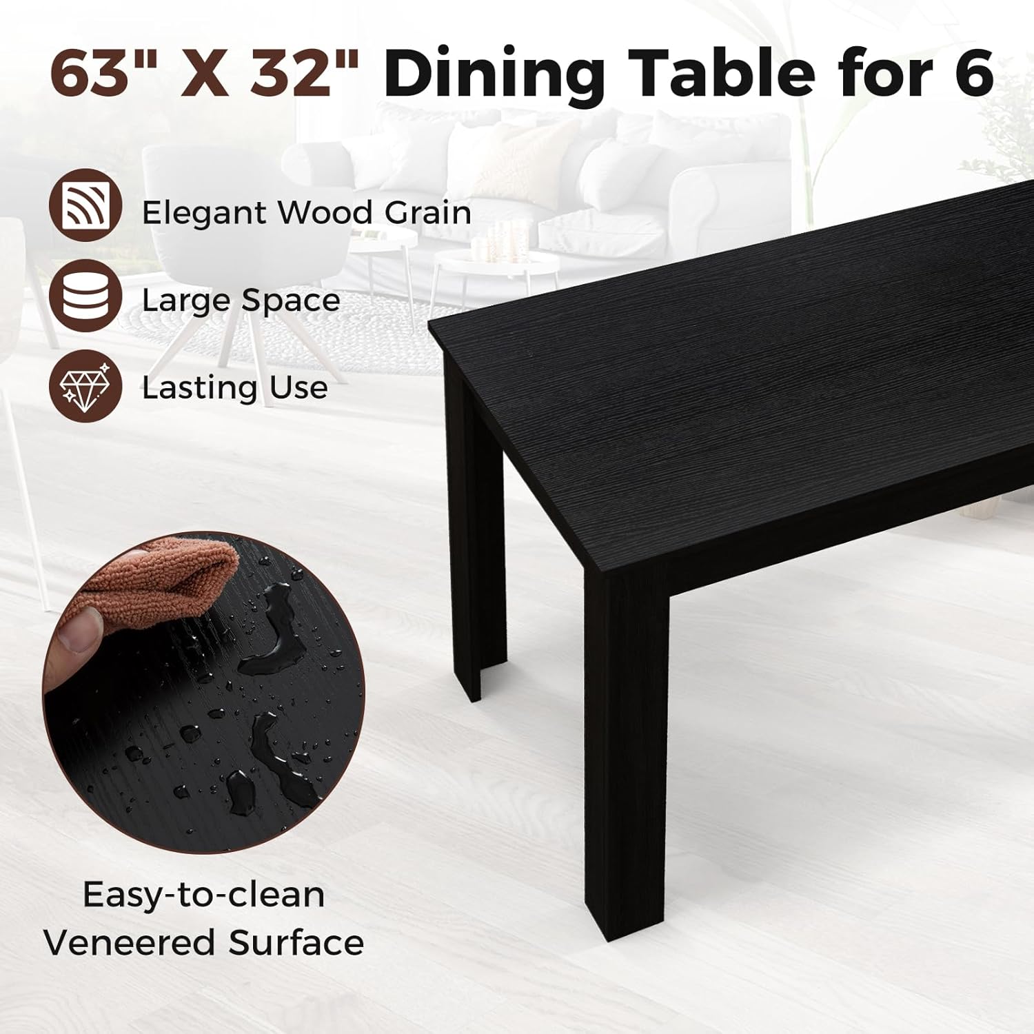 COSTWAY Rectangular Dining Table for 4-6 People, 63' Farmhouse Dinette with Large Computer Workstation, Modern Kitchen Table for Apartment, Living Room, Restaurant (Black)