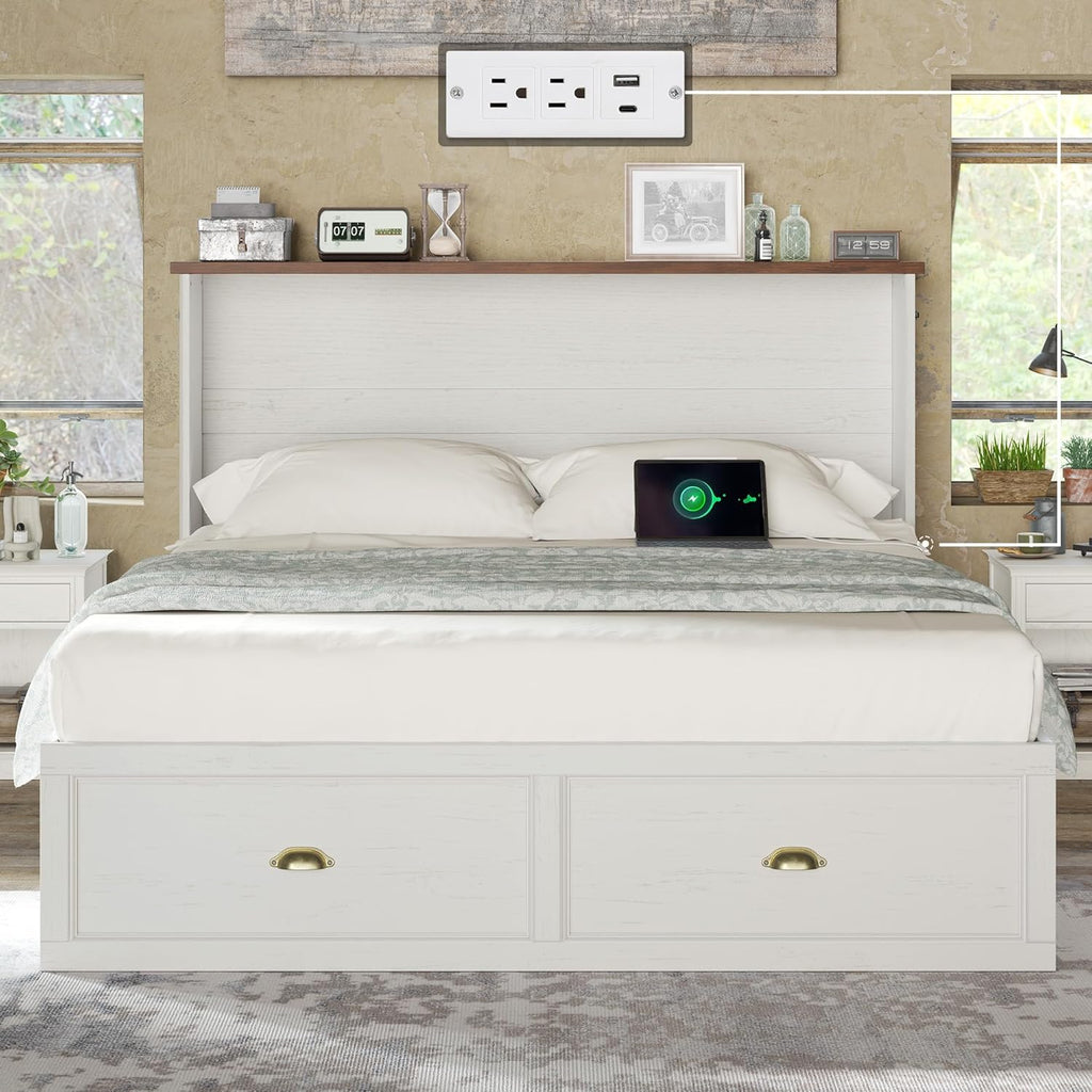AMERLIFE Queen Size Murphy Bed, Farmhouse Wooden Cabinet with Charging Station and Storage Drawer for Bedroom/Office/Guest Room, White+Barnwood