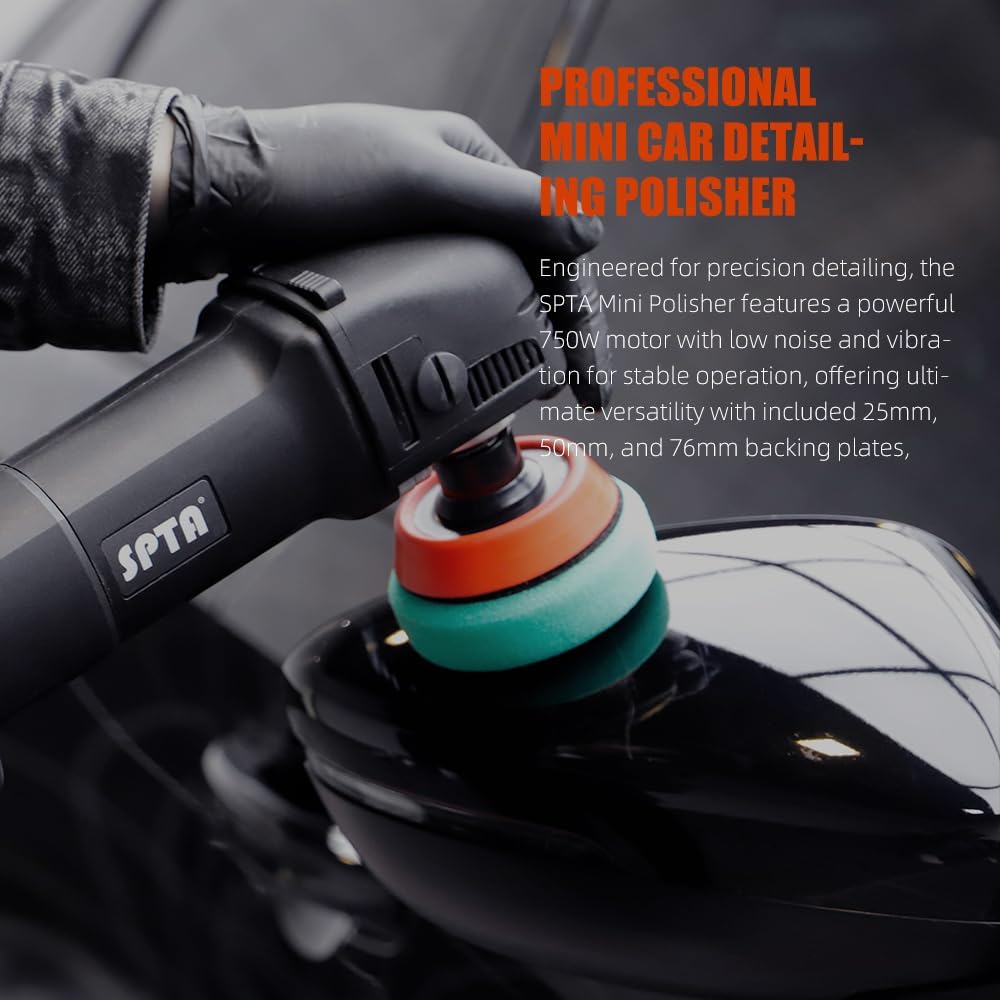 SPTA Mini Polishing Machine Buffer Rotary Polisher Auto Detailing Superpolish with 27Pcs Detail Polishing Pad Mix Size Kit Buffing Pad and 75mm ,100mm,140mm M14 Thread Extension shaft