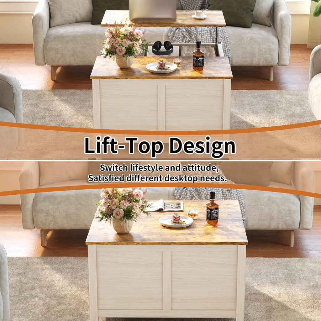 Lift Top Coffee Table with Storage, 31.5" Farmhouse Coffee Tables with Wooden Lift Tabletop and Hidden Compartment Square Center Table for Living Room, Home Office Small Space, White