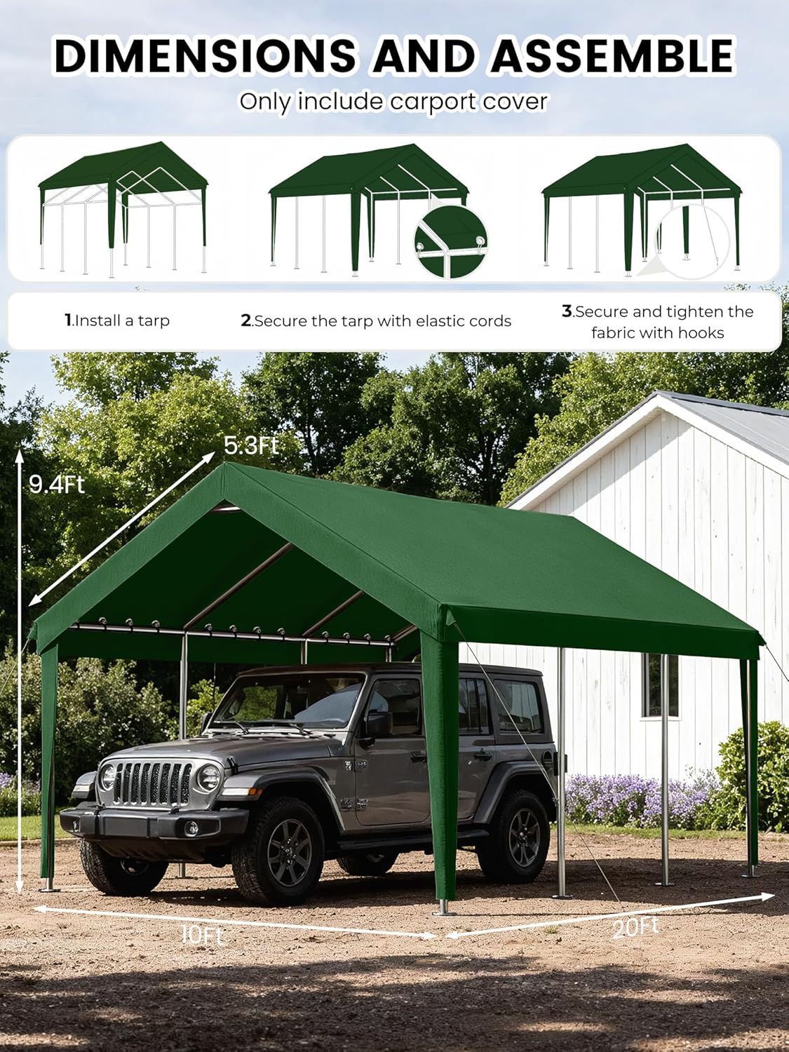 10 x 20 Ft Carport Replacement Cover, Heavy Duty Outdoor Car Tarp Canopy, Waterproof & UV Protected Tear Oxford Tarp with Ball Bungees (Frame is Not Included)