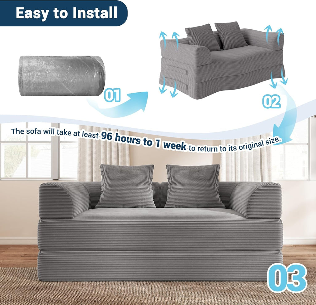 Cloud Boneless Convertible Floor Sofa Bed, 70" 4-in-1 Foldable Compressed Loveseat Lounge Sleeper 2 Seater Couches, High-Density Sponge & Corduroy Fabric Futon Daybed for Living Room Bedroom(Gray)